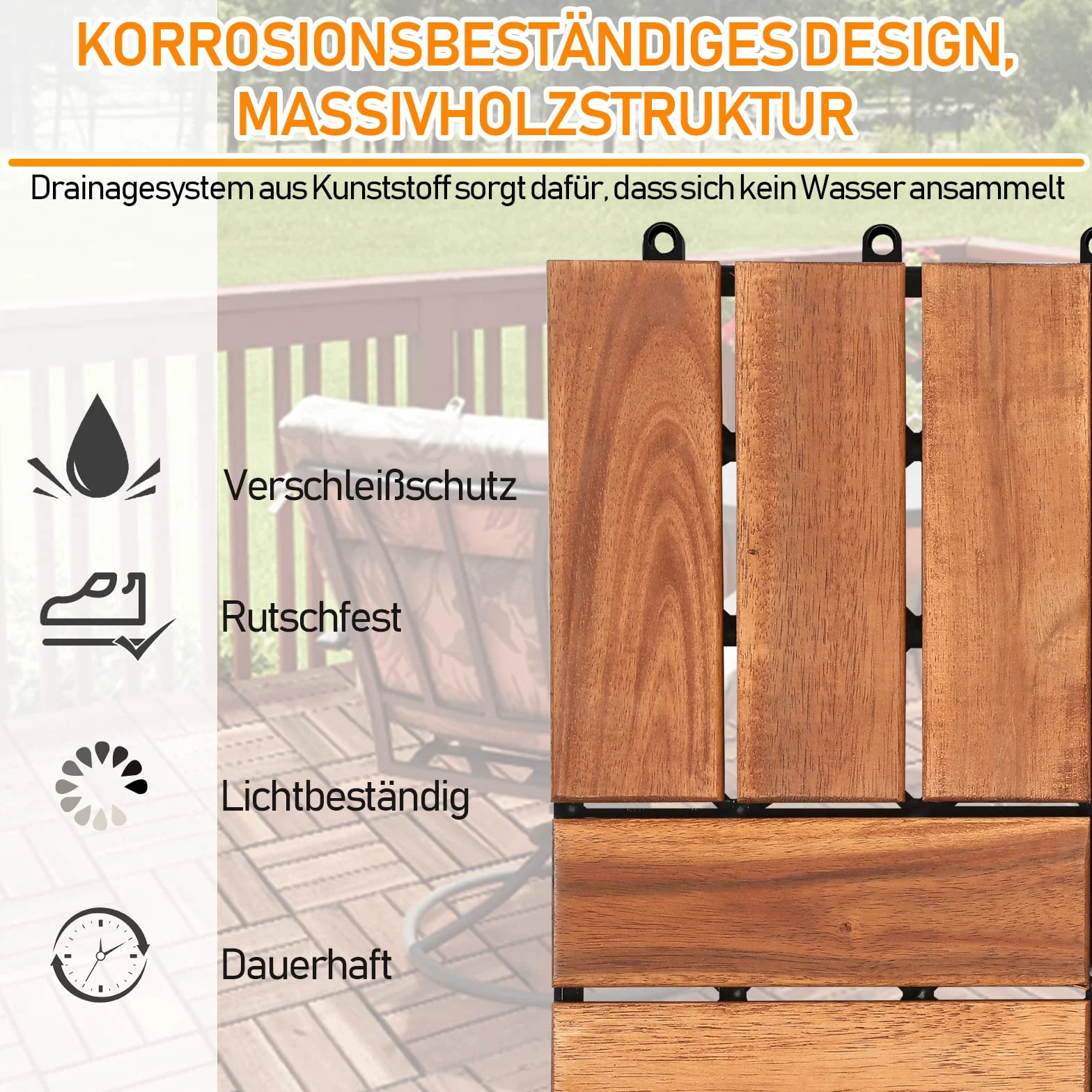 Płytki drewniane z drewna akacjowego, 30 x 30 cm, antypoślizgowa wykładzina podłogowa, 22 płytki tarasowe, 2 m², wykładzina podłogowa, drenaż na klik, taras, balkon, do ogrodu, brązowe