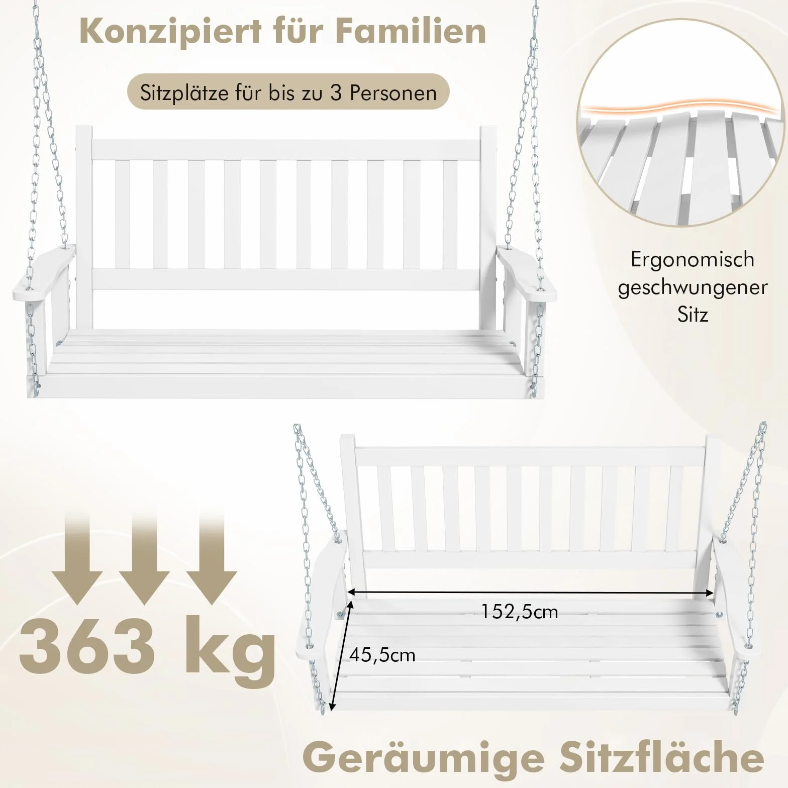 COSTWAY Ławka wisząca z litego drewna, 3-osobowa huśtawka ogrodowa, huśtawka Hollywood do zawieszenia, obciążenie do 360 kg, biała, 168 x 65 x 63 cm