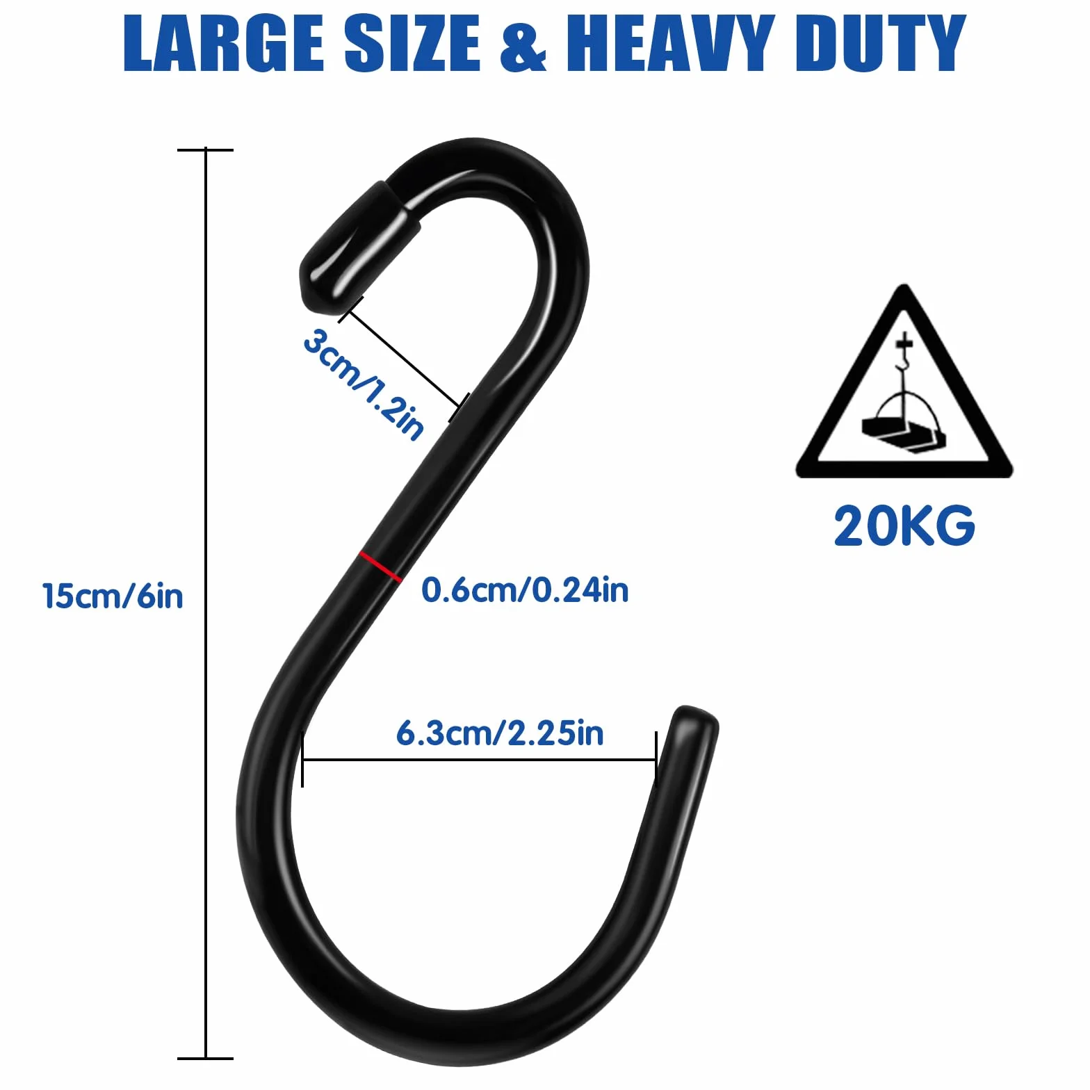 Bolatus 12 sztuk haków S dużych, 15 cm, obciążenie do 20 kg, haki wiszące w kształcie litery S, czarne, do dużych obciążeń, metalowe haki antykorozyjne, do kuchni, łazienki, sypialni, biura, haki ze