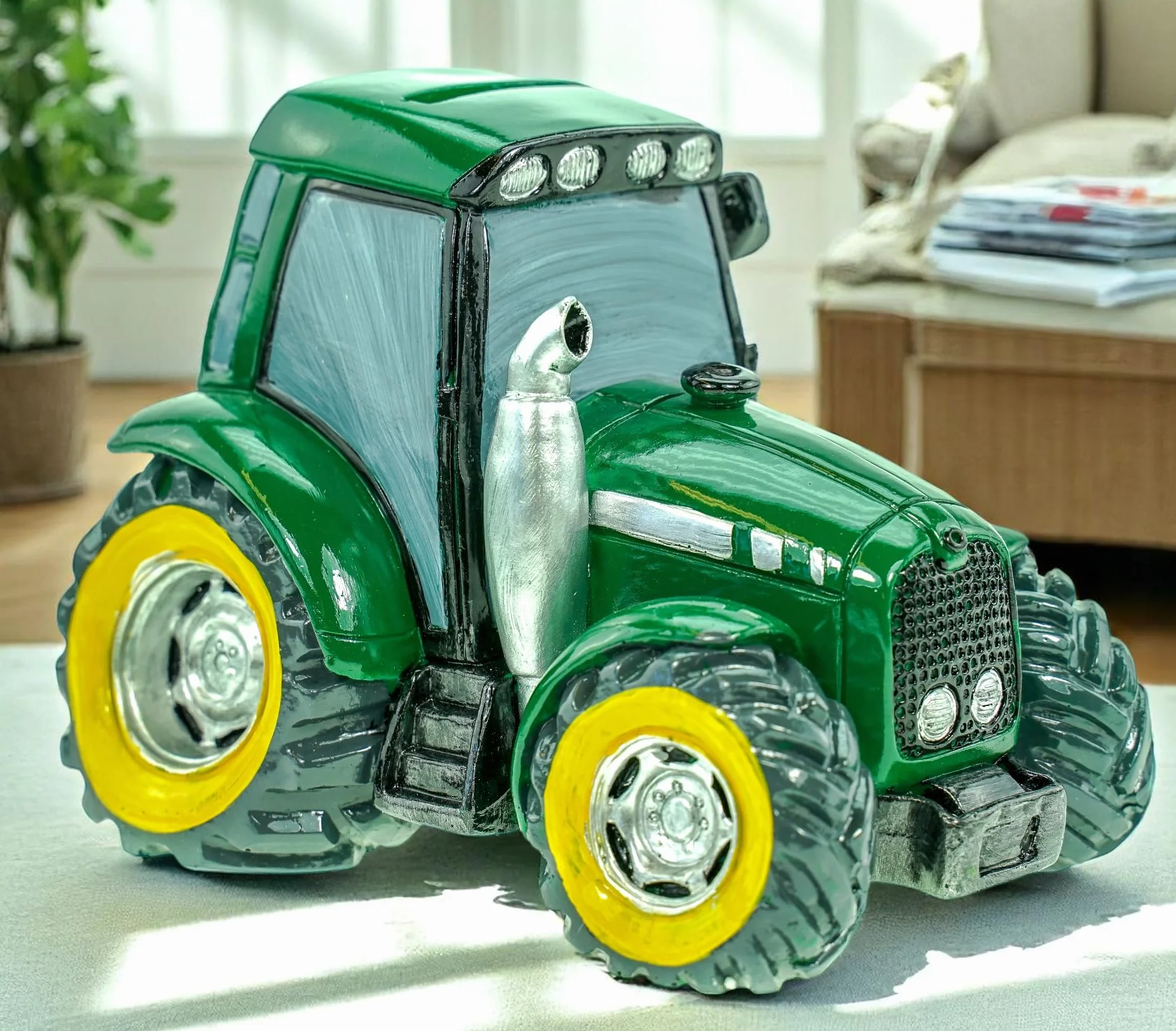 Kremers Schatzkiste Zielona skarbonka, traktor, ręcznie malowana, 16 cm, figurka, farma, prezent dla dzieci i dorosłych, prezent w stylu rolniczym, w stylu komiksowym