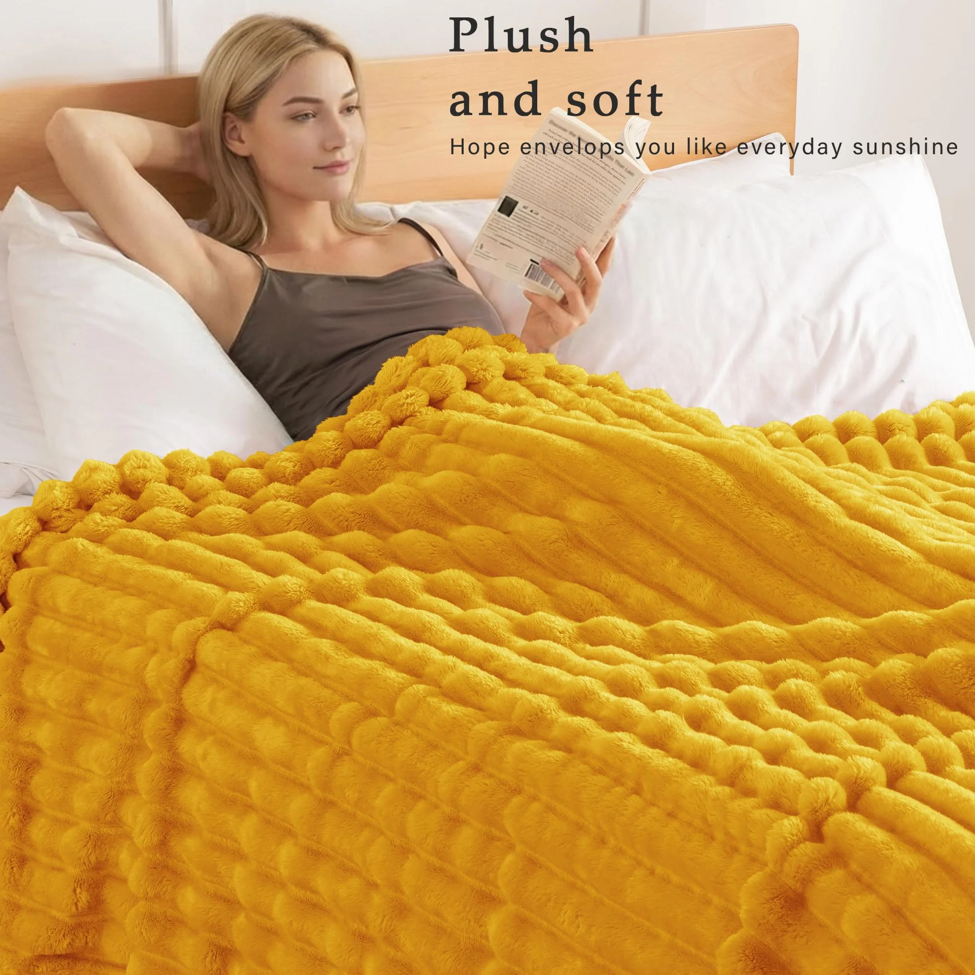 Exclusivo Mezcla Flanelowy koc polarowy w rozmiarze queen size, super miękki żakardowy koc w paski, lekki, puszysty, przytulny na każdą porę roku, 230 x 230 cm, musztardowy żółty koc