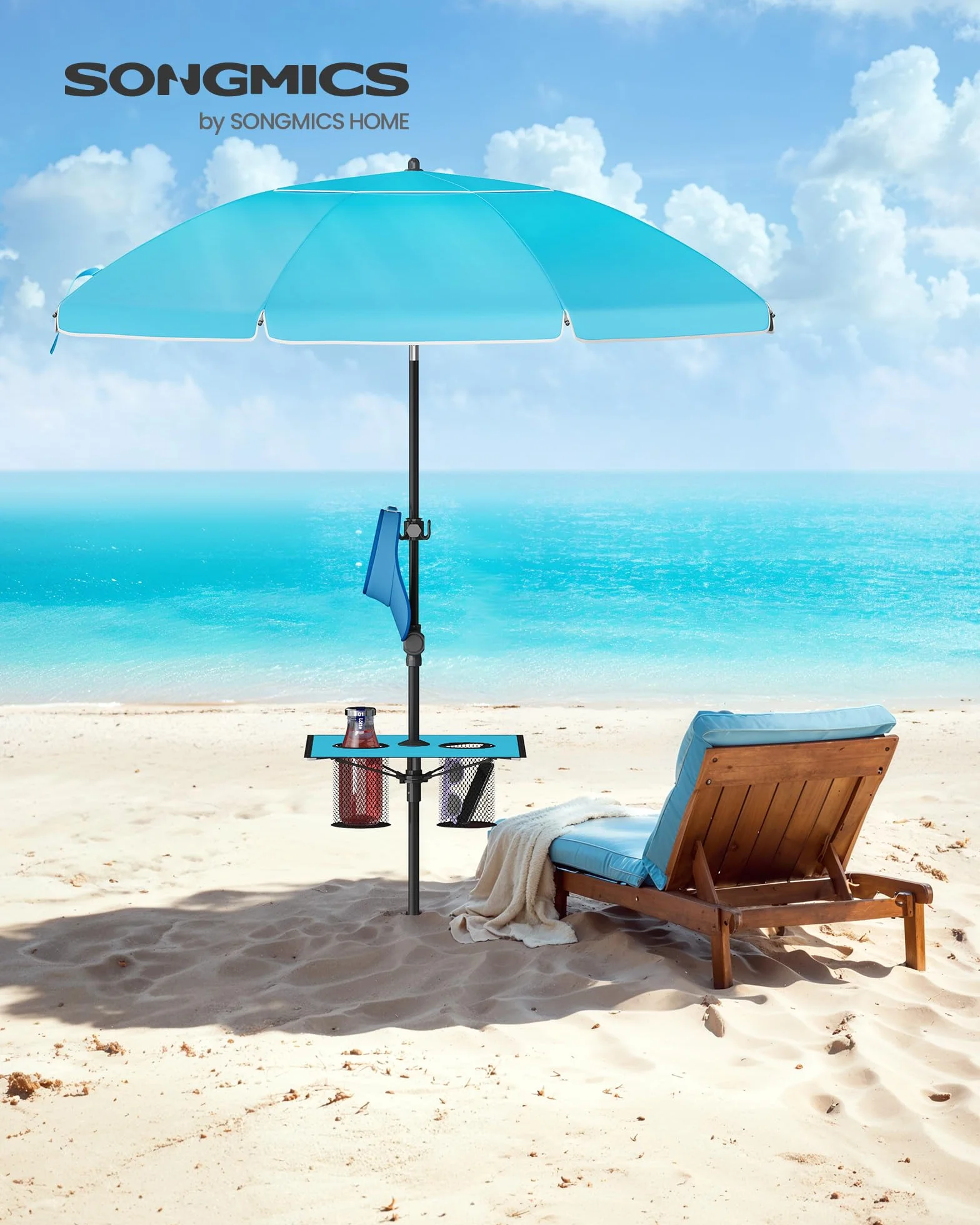 SONGMICS Parasol 200 cm, parasol plażowy, ochrona przeciwsłoneczna UPF 50+, składany do 30° z obu stron, regulowana wysokość, miejsce do przechowywania, na plażę, bez stojaka, niebieski GPU0082Q01