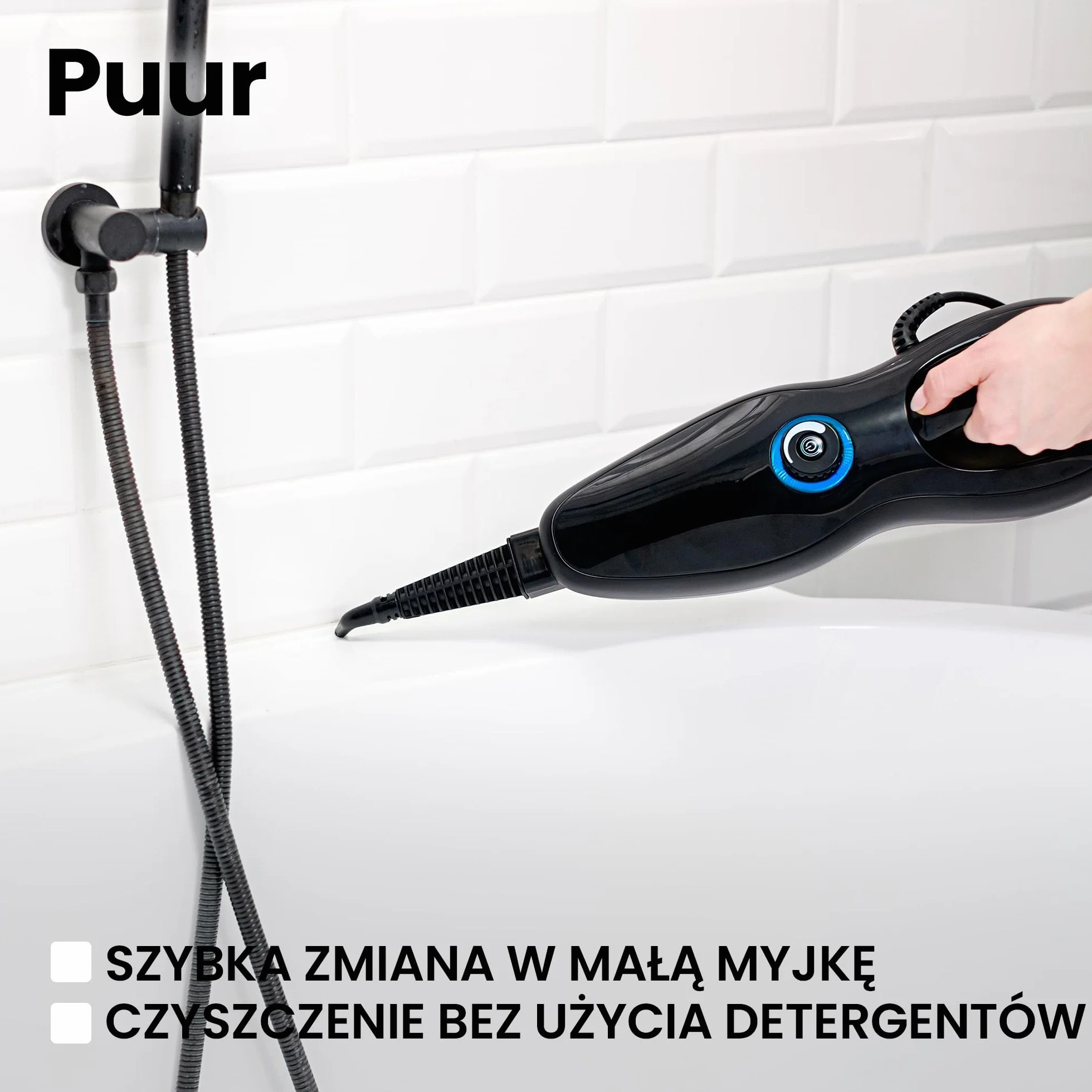 ZEEGMA Puur mop parowy, funkcja myjki, regulacja strumienia pary, 19 ml/min, moc 1500 W, przewód 5 m, 2 filtry i 7 wymiennych końcówek w zestawie, wyjmowany zbiornik na wodę 370 ml