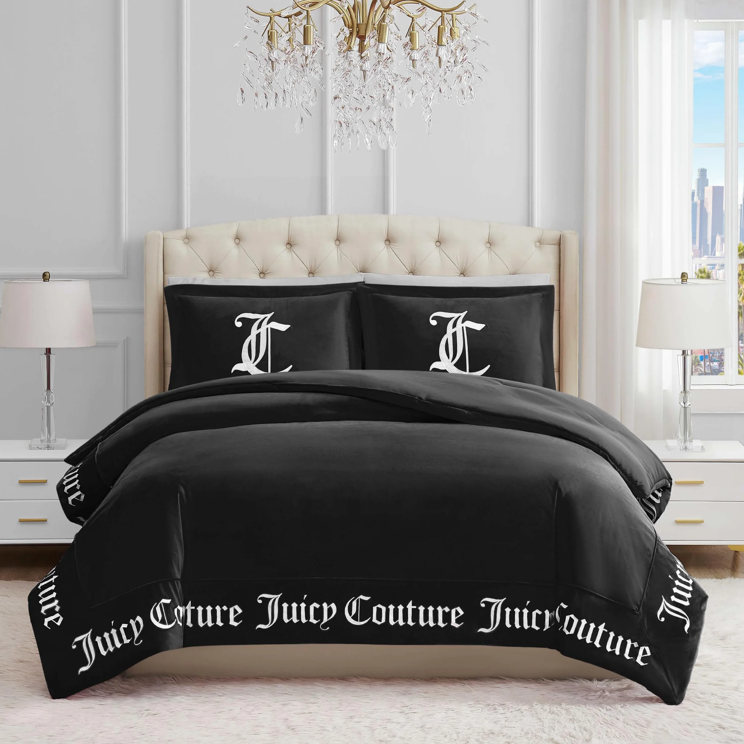 Juicy Couture 2-częściowy zestaw pościeli Twin/Twin XL w stylu gotyckim, zawiera 1 poszwę na kołdrę 228 x 173 cm i 1 poszewkę 50 x 66 cm, odporne na zagniecenia, wystrój sypialni premium, czarny