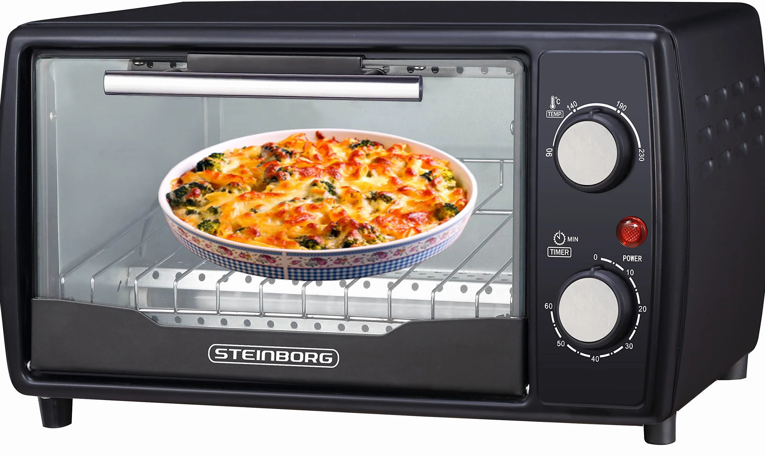 Mini piekarnik 1000 W, 10 litrów, z blachą do pieczenia i rusztem do pieczenia pizzy 90-230°C, timer 60 minut, wysuwana taca na okruchy, instrukcja obsługi (może nie być dostępna w języku polskim)