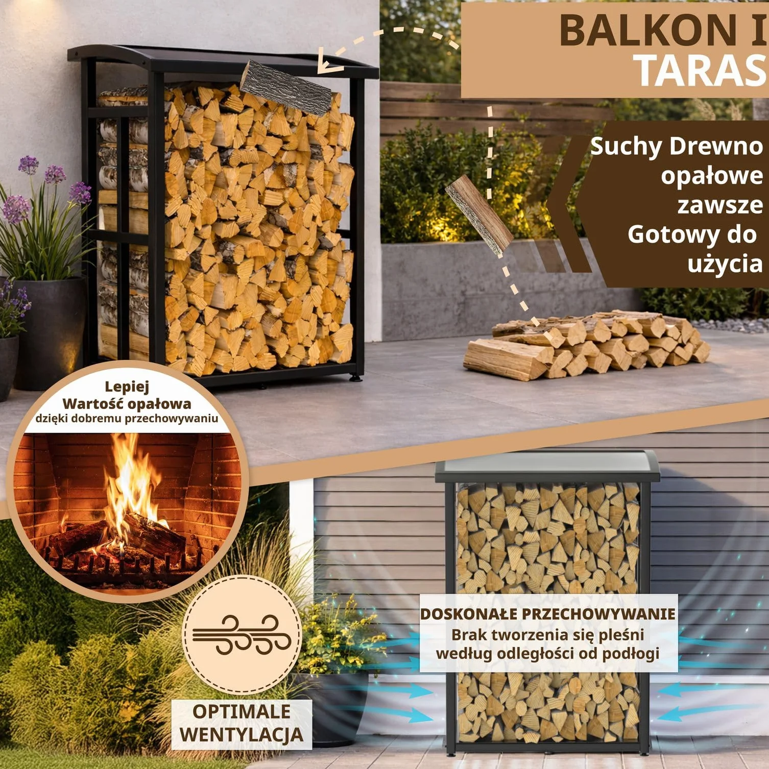 Stojak na drewno opałowe z daszkiem 91 x 56 x 117 cm metalowy regał na drewno kominkowe na zewnątrz na taras i balkon czarny na 2x 25 cm drewna opałowego