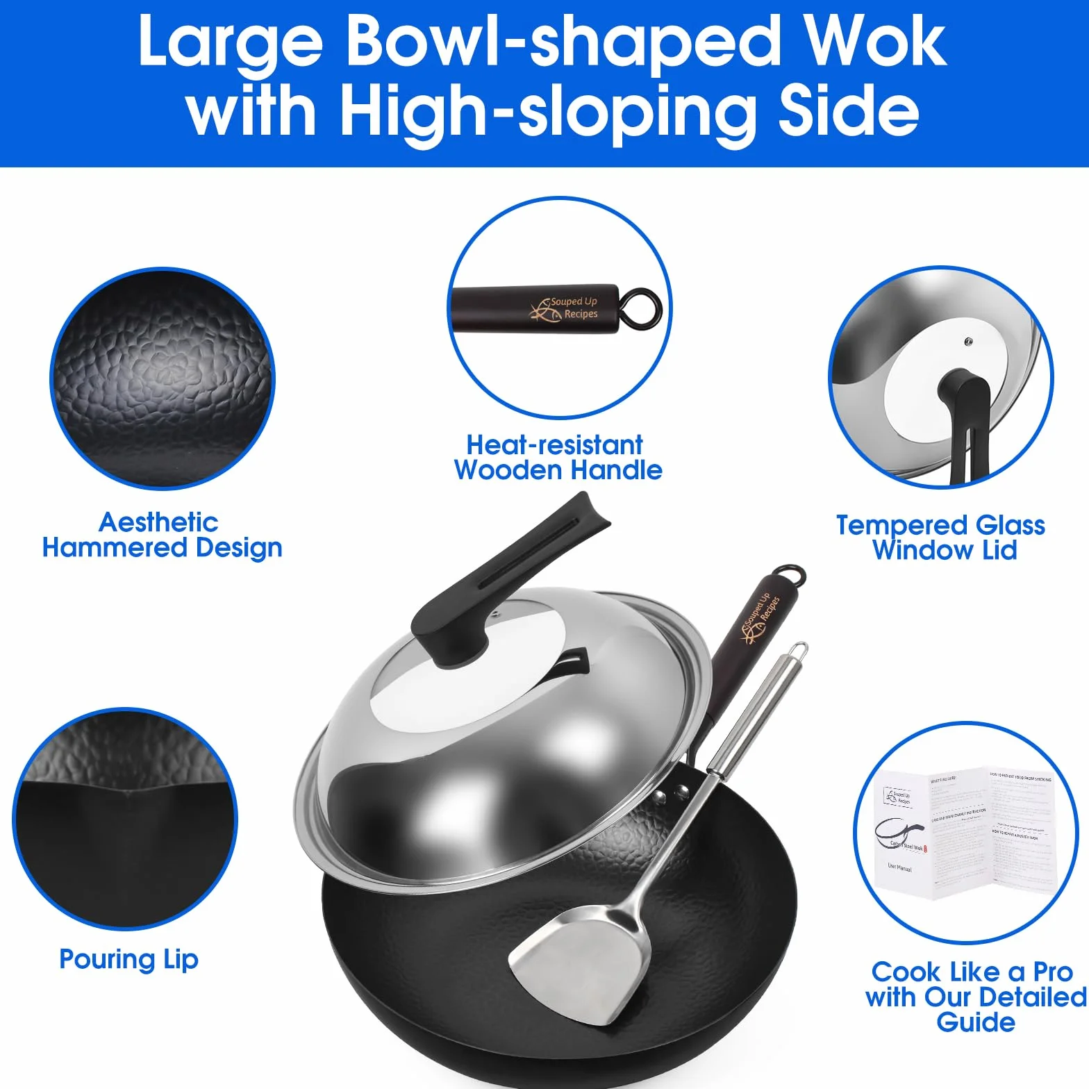 Souped Up Recipes Patelnia typu wok 34 cm/7 l, chińska patelnia ze stali węglowej, do kuchenek elektrycznych, indukcyjnych, kuchenek gazowych (pokrywka, szpatułka i instrukcja obsługi w zestawie)