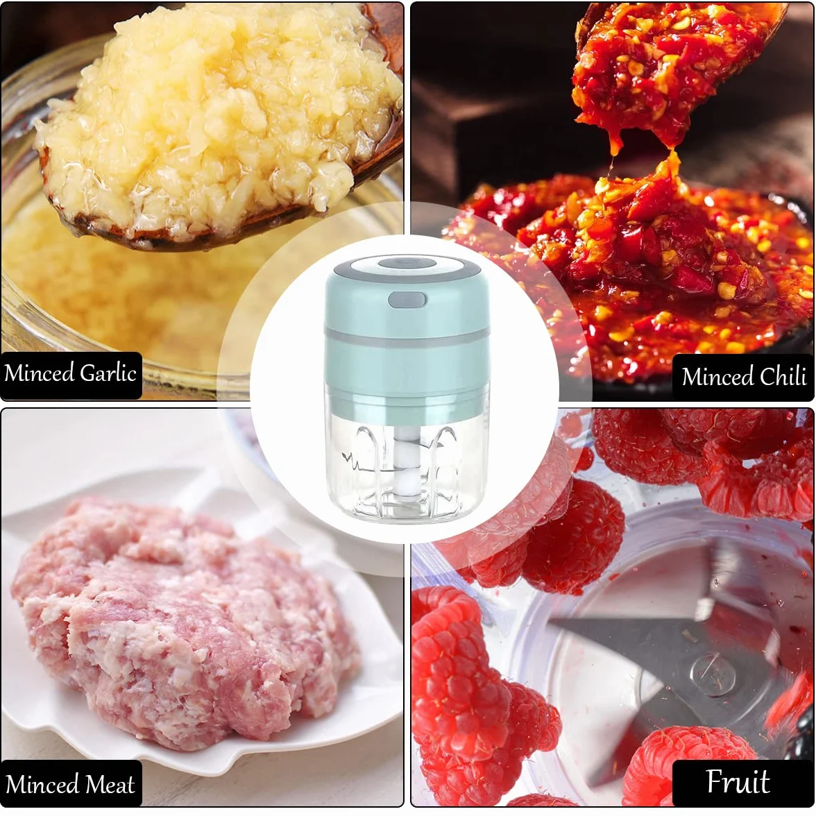 Mini elektryczna krajalnica do cebuli, uniwersalna szatkownica z 2 filiżankami – 250 ml i 100 ml, elektryczna szatkownica do czosnku, do mięsa, chili, owoców – ładowanie przez USB