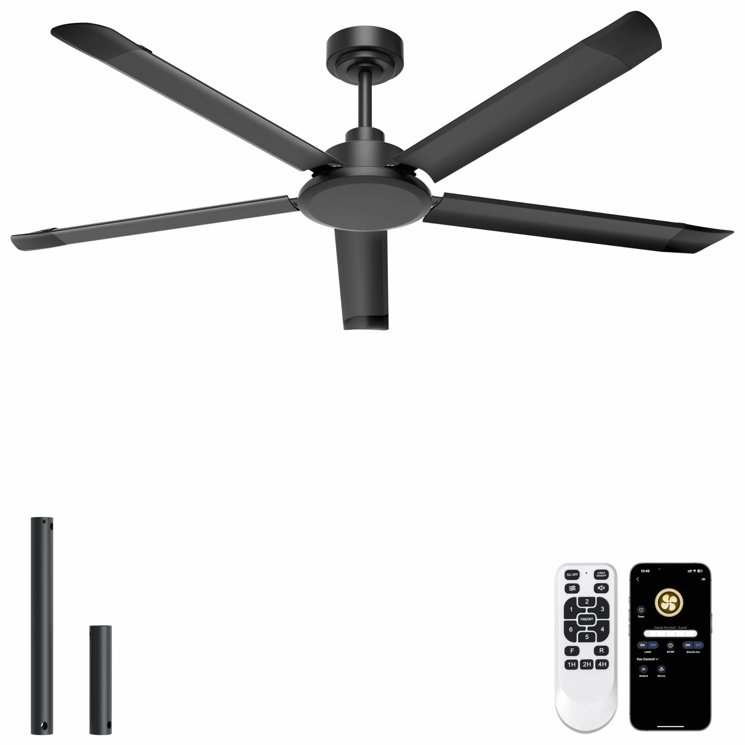 Ohniyou Wentylator sufitowy 152 cm bez światła - duże przemysłowe wentylatory sufitowe z pilotem i aplikacją, 5 aluminiowych łopatek, cichy silnik prądu stałego na taras, salon, warsztat i garaż