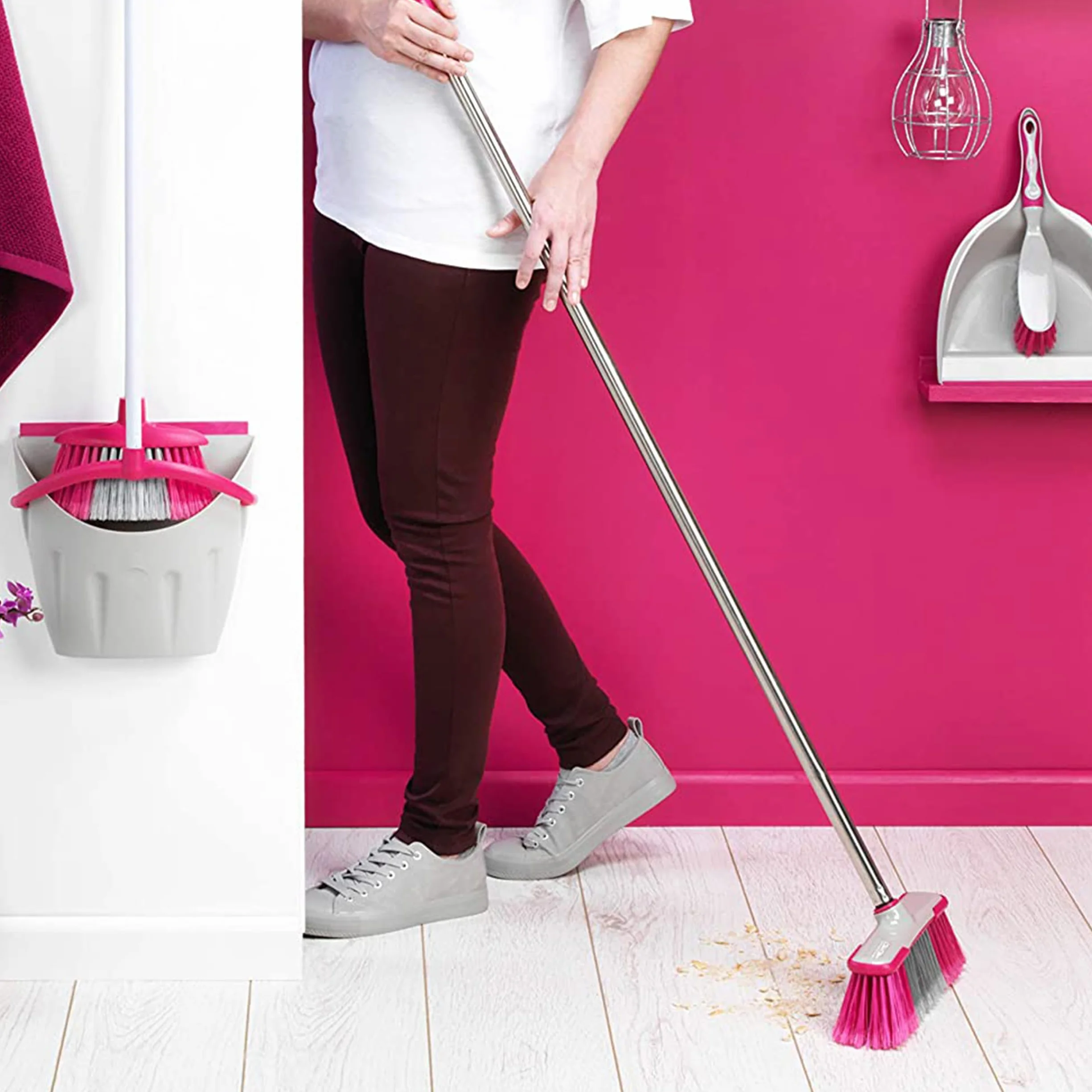 Kleeneze KL062437EU Soft Bristle Sweeping Brush, Indoor Floor Sweeper Broom, Perfect for Kitchen/Laminate/Vinyl/Hard Floors, 1.2 Metre Handle, Stainless Steel, Grey/Pink