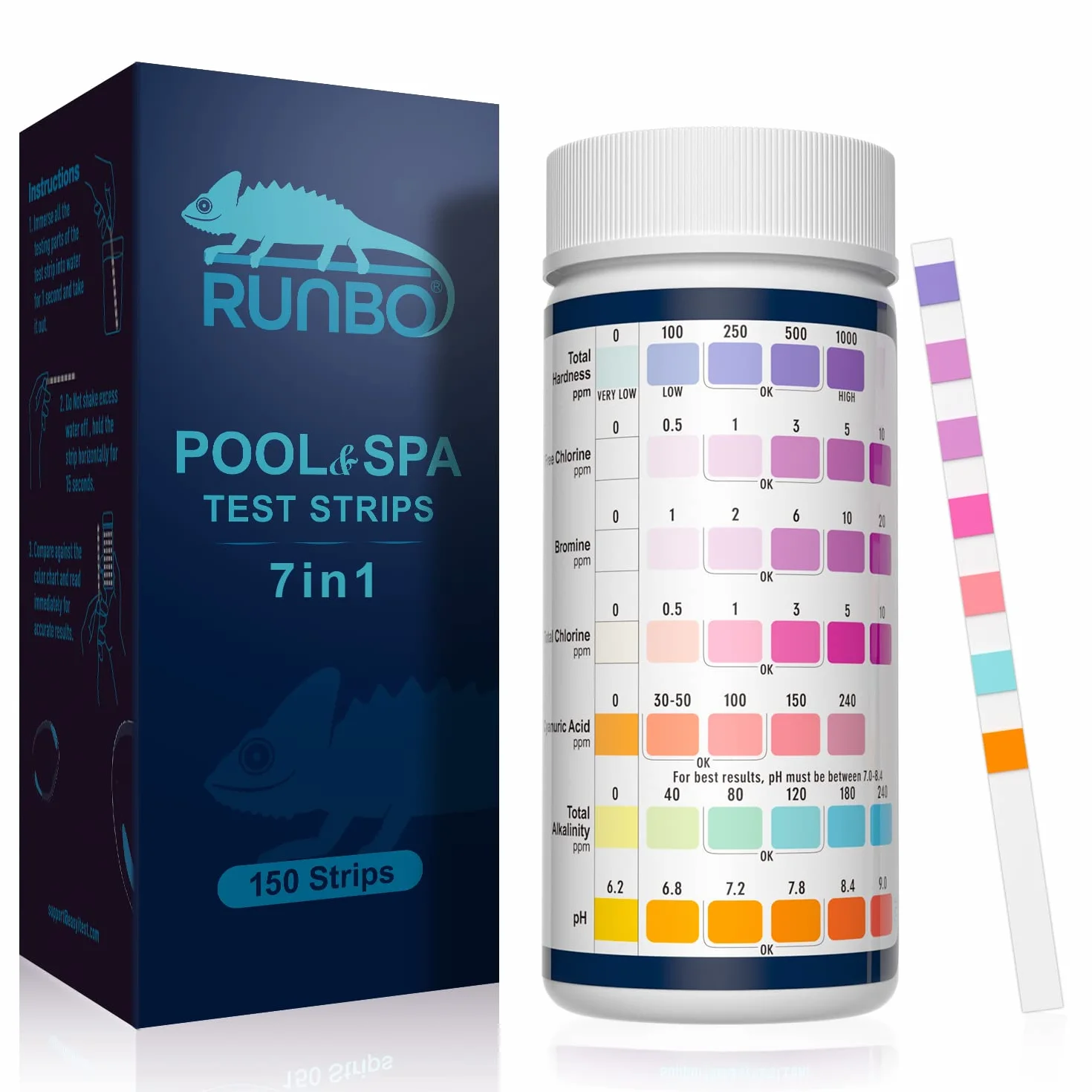 RUNBO Paski testowe 7 w 1 do basenów, 150 pasków testowych chemicznych spa, dokładny brom, całkowita zasadowość, PH, wolny chlor, całkowita twardość, całkowita twardość, kwas cyjanurowy i całkowita