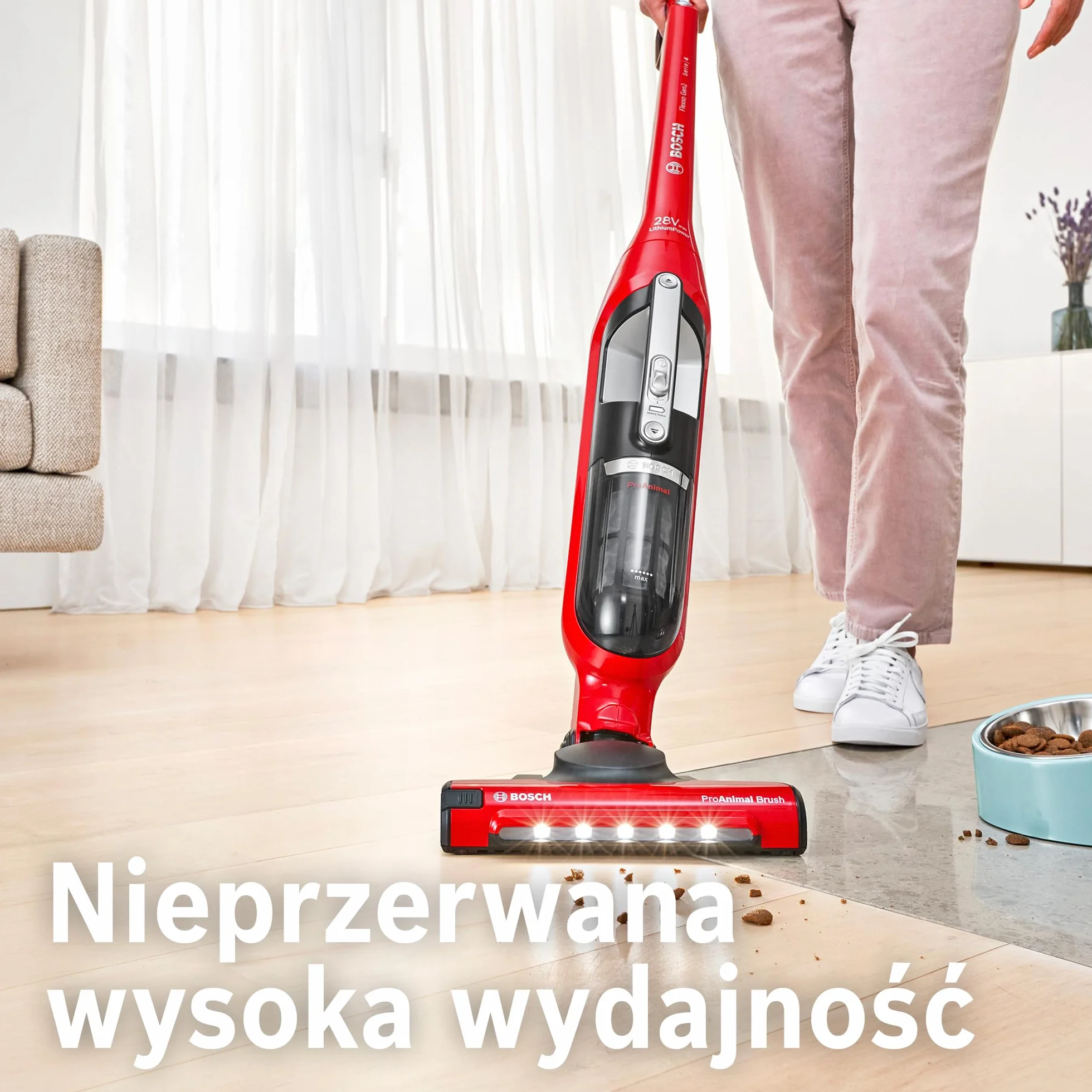 Bosch, Flexxo Gen2 Serie 4, ProAnimal, 28 Vmax, 2w1, bezprzewodowy, bezworkowy odkurzacz ręczny i pionowy, zintegrowane akcesoria dla właścicieli zwierząt, czerwony, BBH3ZOO28