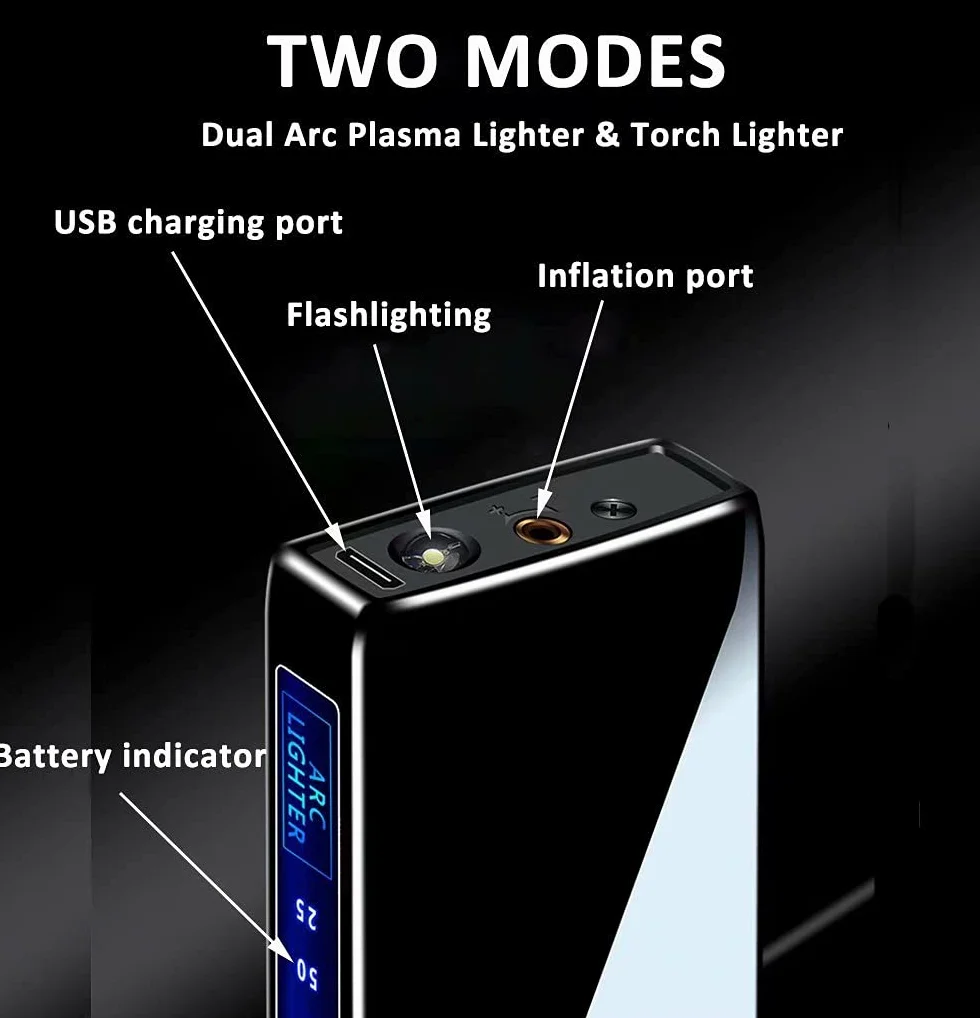 Wiatroszczelna zapalniczka elektryczna z podwójnym łukiem, palnik butanowy z latarką LED, ładowanie 3 w 1, USB, ze wskaźnikiem baterii, dobra do cygarów
