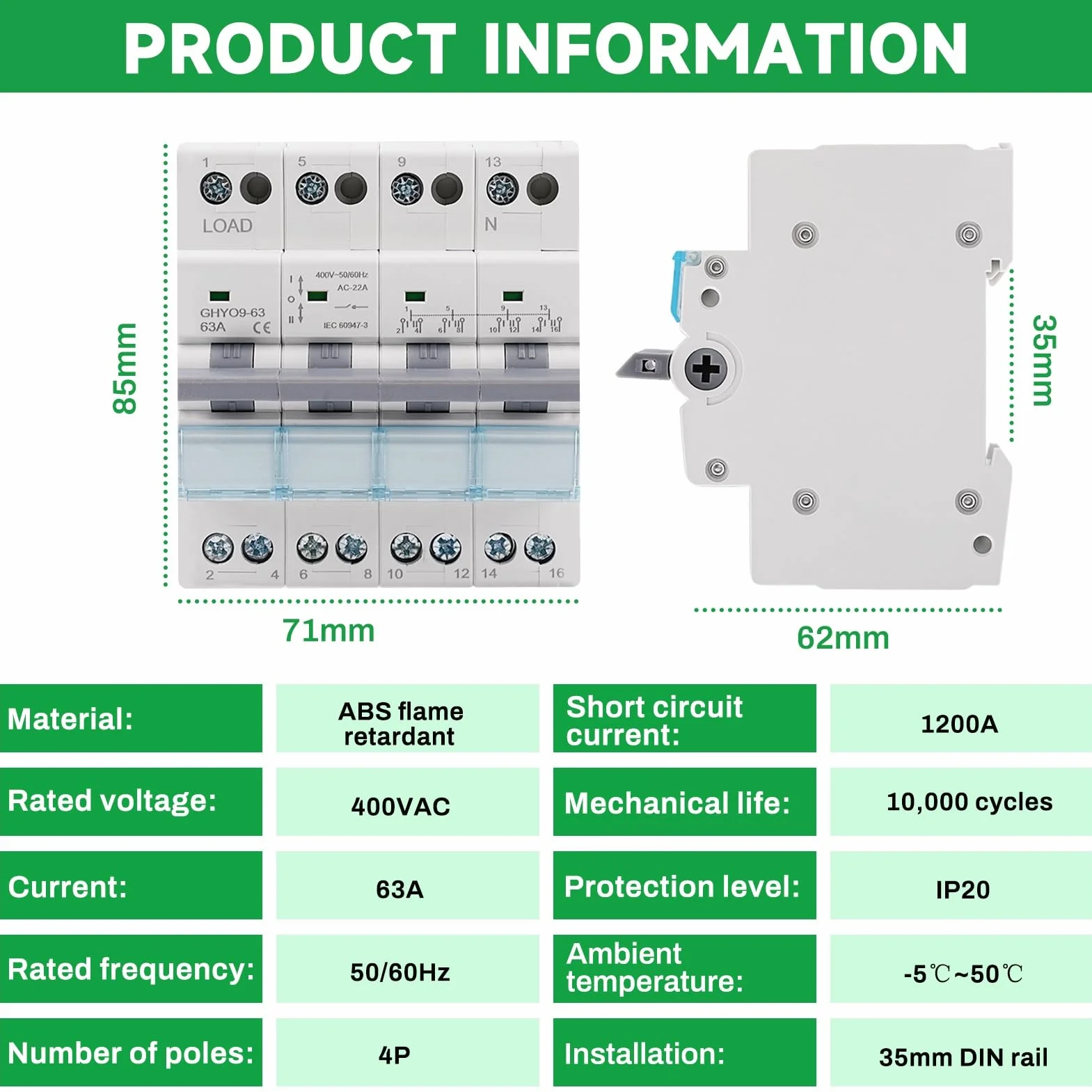 Jadeshay GYHO9-63 przełącznik transferowy Dual Power, wyłącznik obciążenia 63 A, 4-biegunowy, 400 V AC, elektryczny przełącznik wyboru