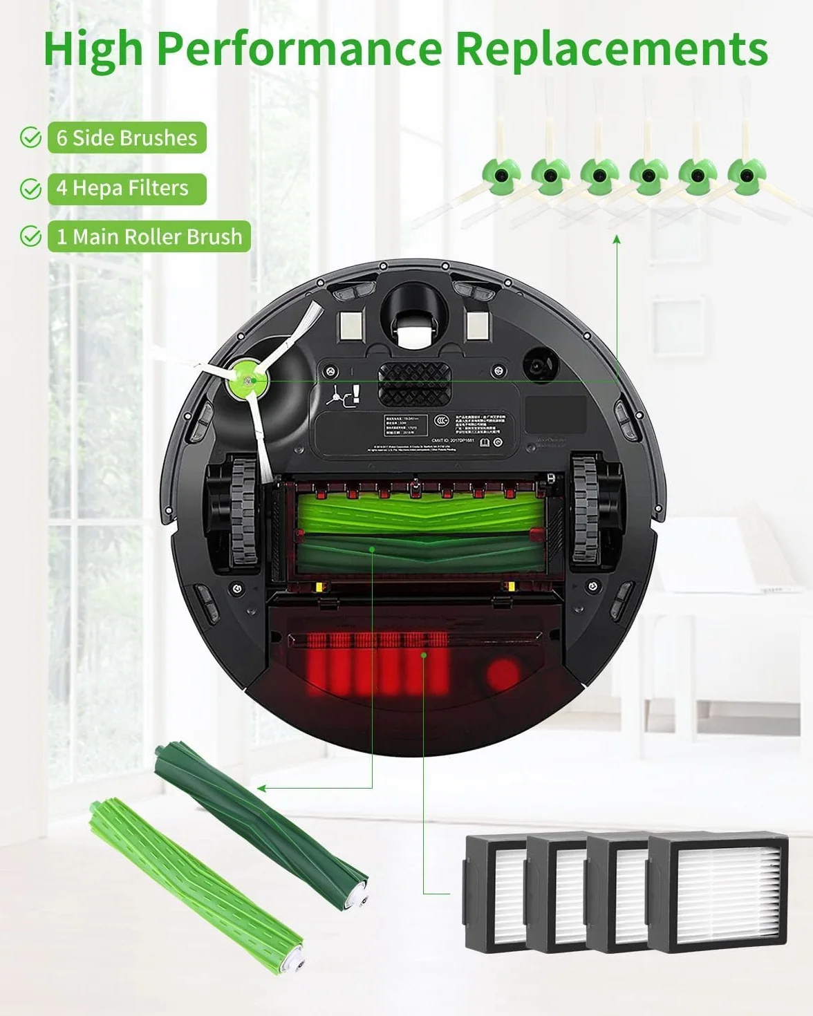 Akcesoria do iRobot Roomba serii E&I&J i7+ i3 i3+ i4 i4+ i6 i6+ j7 j7+ i8 i8+ E5 E6 E7, szczotki odkurzacza, 1 zestaw gumowych szczotek, 4 filtry, 6 szczotek bocznych