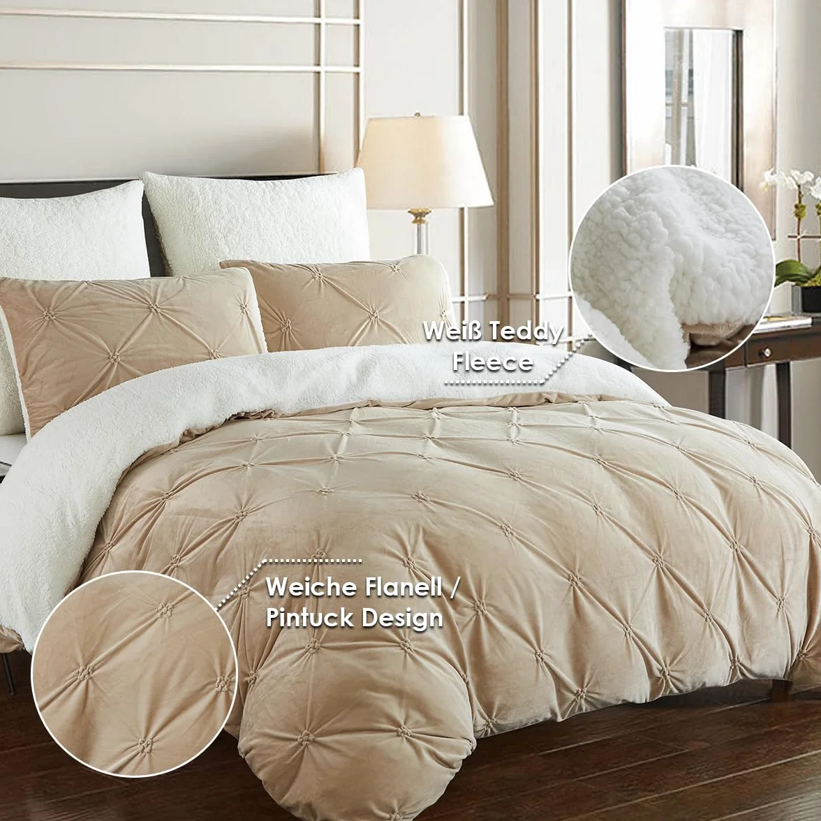Lanqinglv Zestaw 2 poszewek na poduszkę 40x80cm Beżowy Khaki Flanel Miękki Teddy Fleece Kaszmirowy Touch Pintuck Poszewka na poduszkę z zamkiem błyskawicznym Dwupak