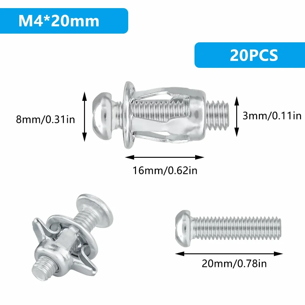 20 sztuk Jack Nuts Petal, M4 x 20 mm, kołki rozporowe do pustych przestrzeni, metalowe kotwy do wydrążonych przestrzeni, zestaw kołków rozporowych ze śrubą, kołki rozporowe do drzwi pustych, blacha