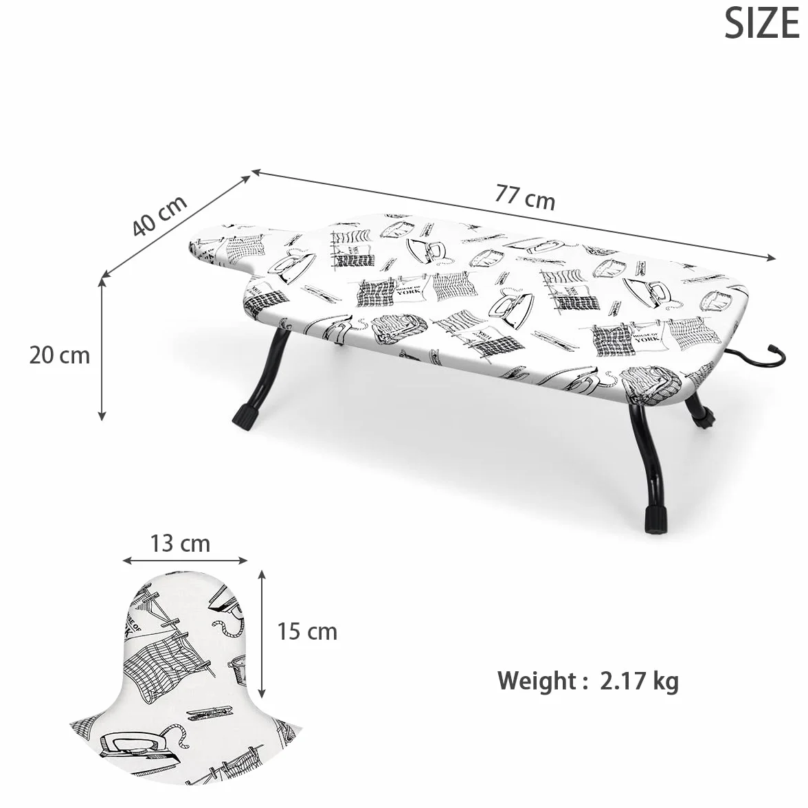 Duwee Deska do Prasowania na Stół, Mała Deska do Prasowania z Haczykiem do Zawieszenia, 100% Bawełniany Pokrowiec, Składane Nóżki i Kompaktowy Rozmiar, 40 x 77 cm