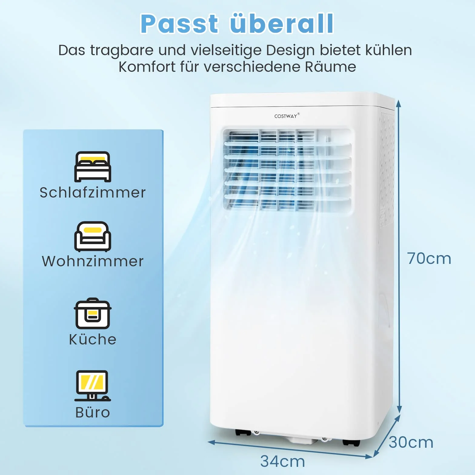 COSTWAY Mobilna klimatyzacja, 9000 BTU, 2,6 kW, chłodzenie, wentylacja i osuszanie, klimatyzator z wężem wylotowym, WiFi, aplikacja, zdalna obsługa, przenośna klimatyzacja