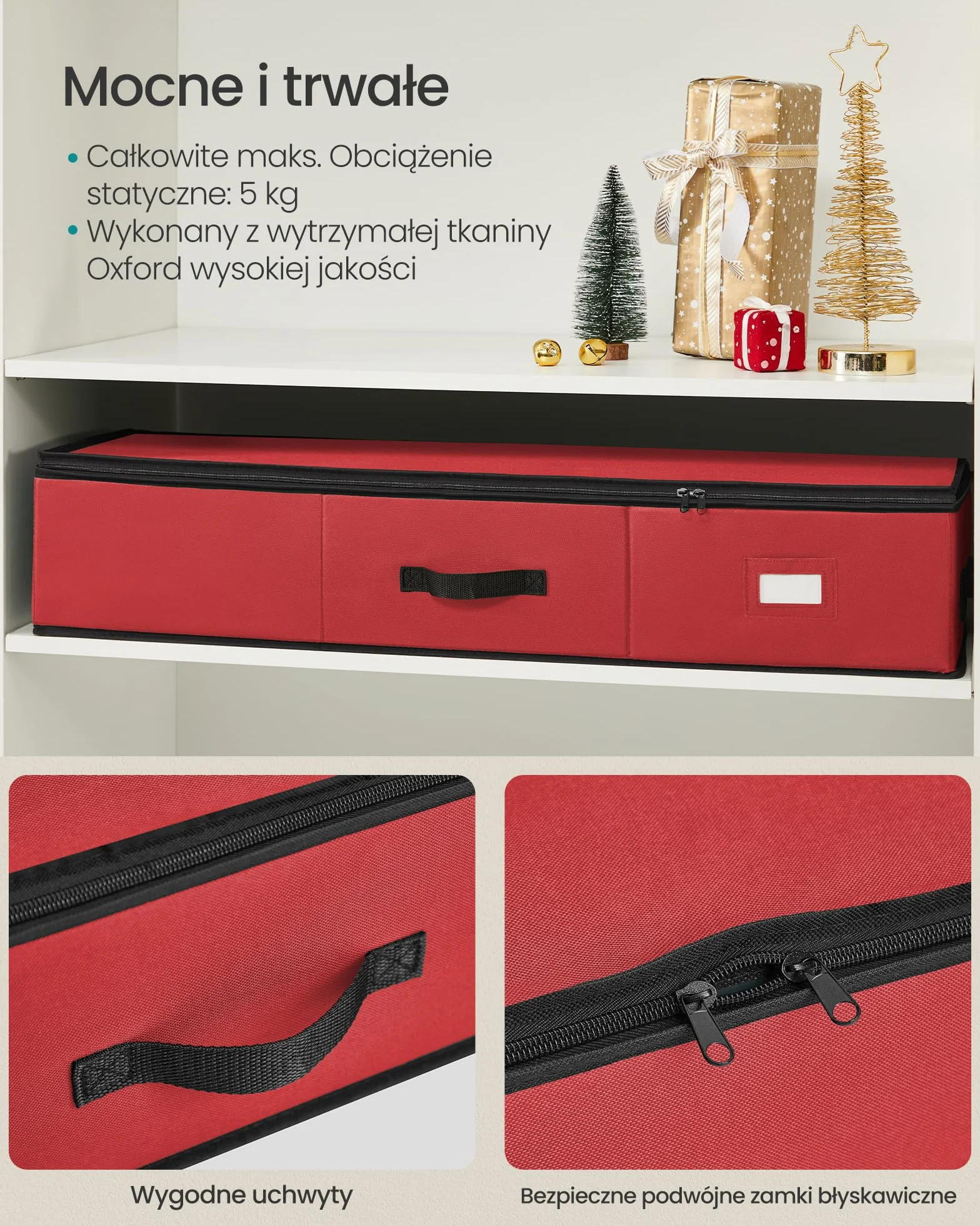 SONGMICS Pudełko na ozdoby świąteczne, 96 przegródek (po 7,6 cm każda), 96,5 x 33,5 x 17,5 cm, przegródki, tkanina Oxford, suwaki, kolor wiśniowo-czerwony RFB042R01