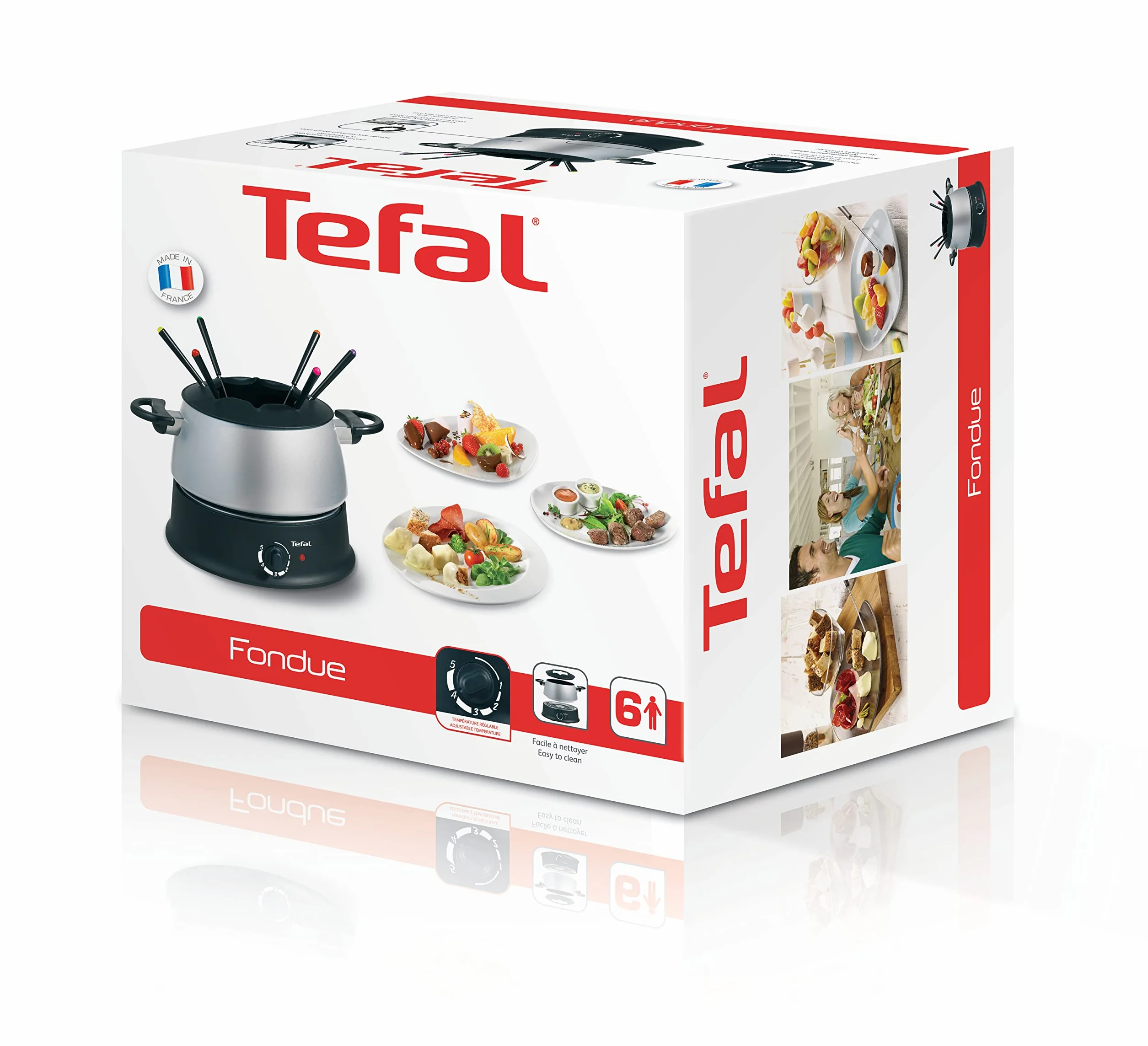 Tefal EF3000 Base Ronde | 1200 W | z 6 kolorowymi widelcami | do każdego rodzaju fondue: olej, ser, czekolady| z ochroną przed pryskaniem | regulowany termostat| łatwe czyszczenie | srebrny/czarny