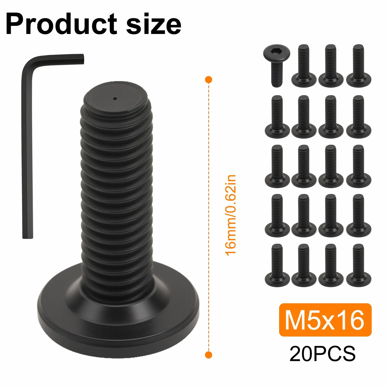 Zestaw 20 sztuk śrub M5, śruby z łbem płaskim M5 x 16 mm z gniazdem sześciokątnym (imbusowe), pełny gwint, czarny, stal węglowa, zestaw śrub imbusowych, z kluczem imbusowym