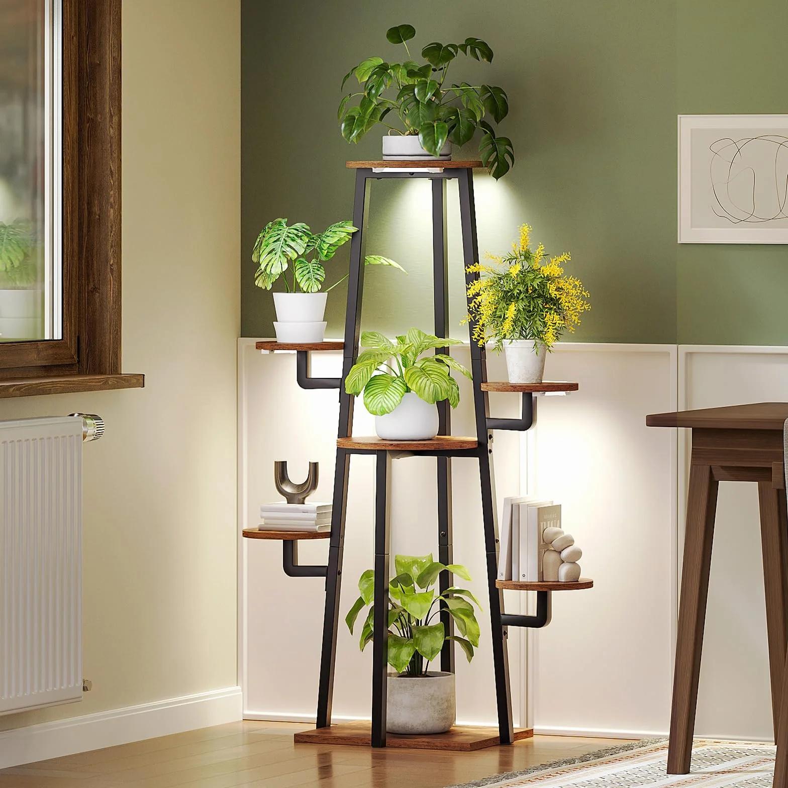 HOOBRO Wewnętrzna półka na rośliny z 3-głowicową lampą, otwartym stojakiem na kwiaty, 9 poziomów jasności i 5 trybów oświetlenia, salon, balkon, rustykalny brązowy i czarny EBF04DHJ01