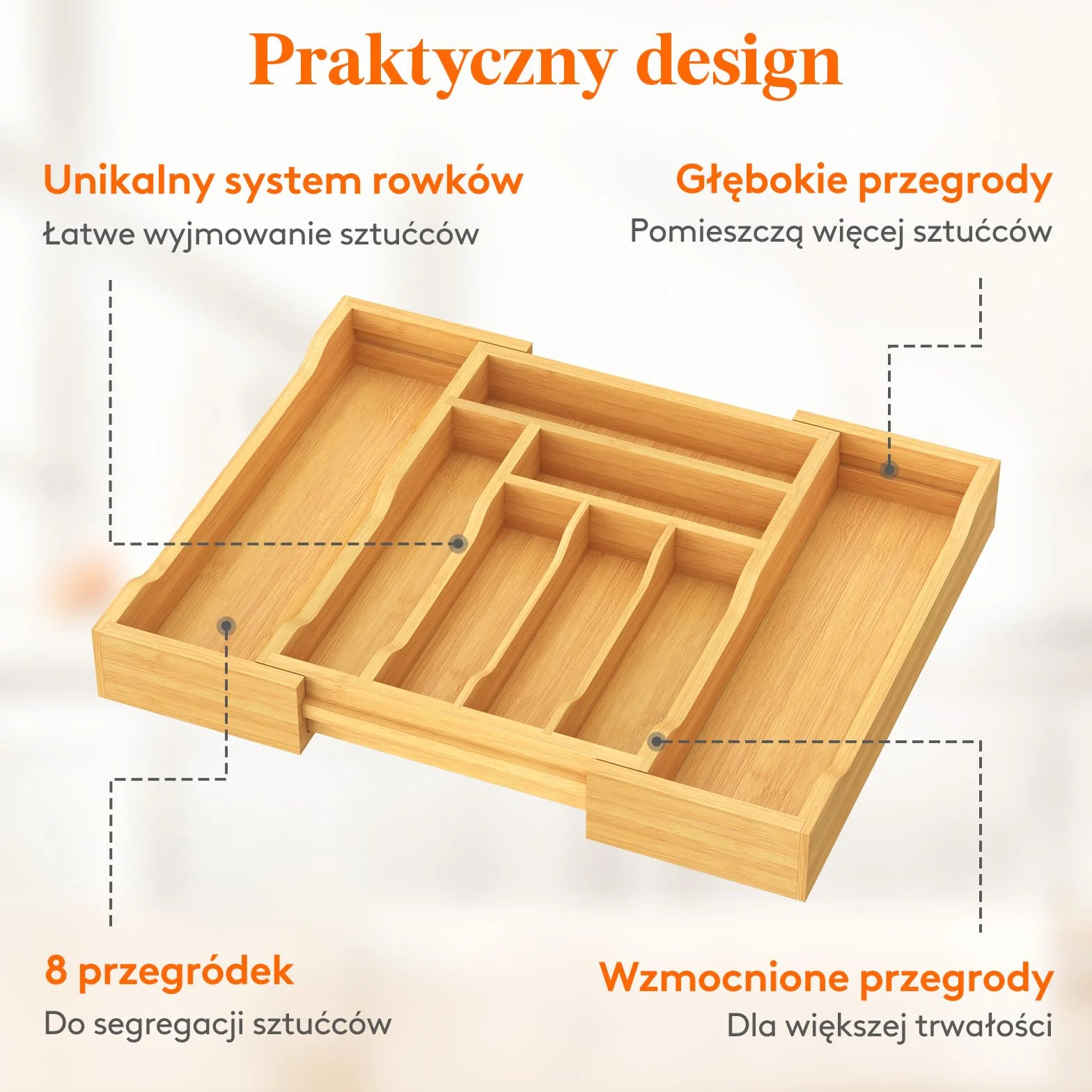 Lifewit Szuflada na Sztućce Bambusowa Wkładka 33 cm Głębokość 42 cm Szerokość