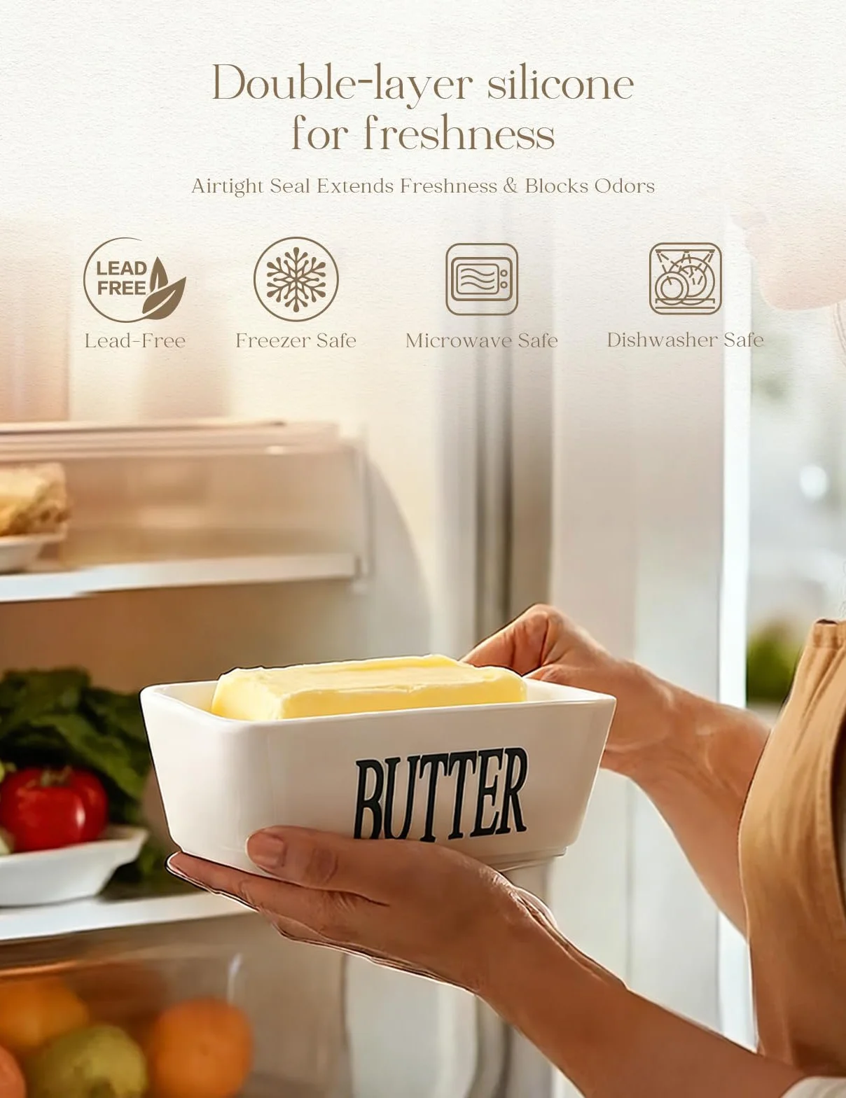 AISBUGUR Duża maselniczka na 250 g masła – maselniczka z nożem, ceramiczna, dwuwarstwowa silikonowa uszczelka z pokrywką, dobry prezent kuchenny (biała)