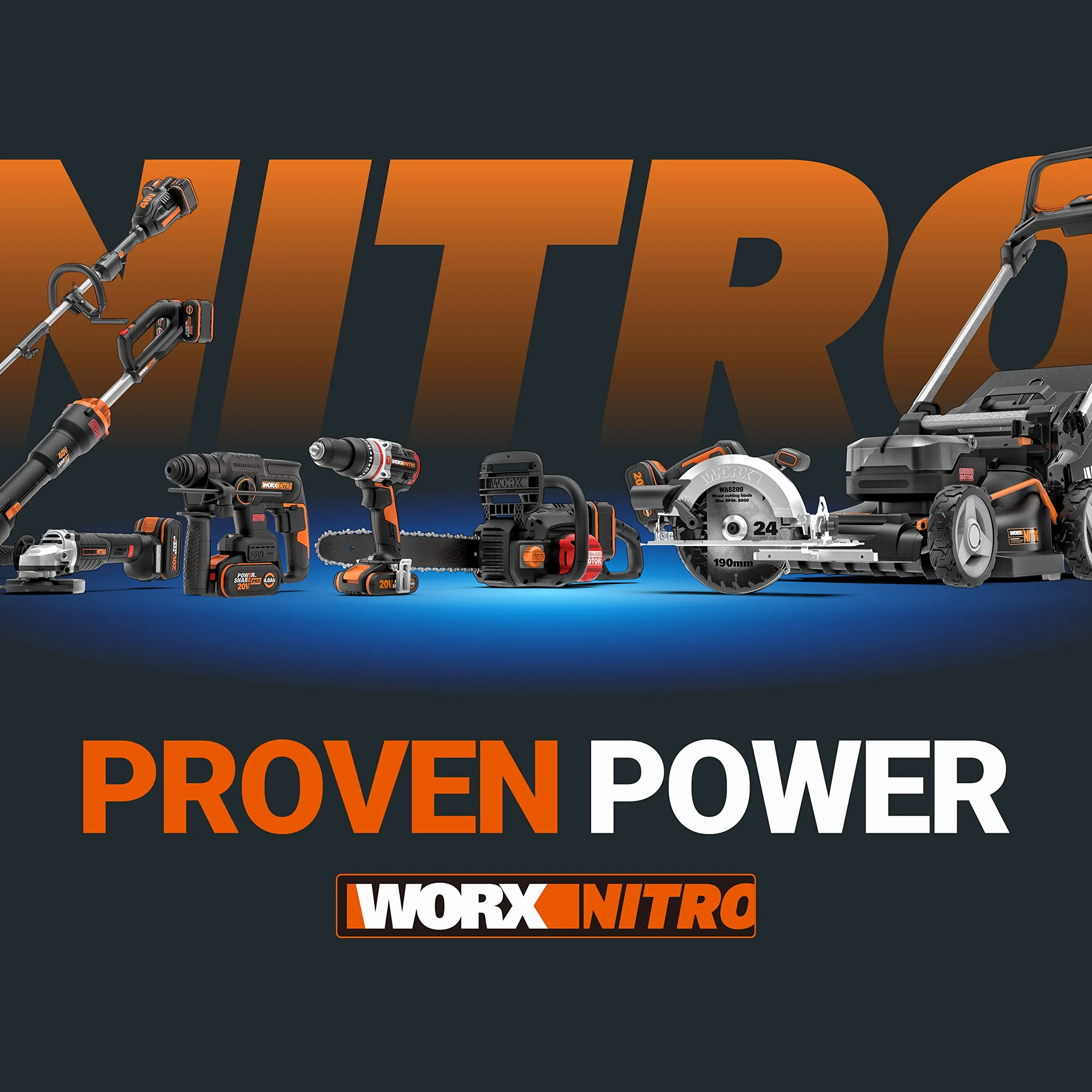 WORX Piła łańcuchowa Nitro 40V (2x20V) | PowerShare | WG385E.9 | Nie obejmuje baterii i ładowarki | Silnik bezszczotkowy | Miecz 40 cm | Hamulec łańcucha i automatyczne smarowanie