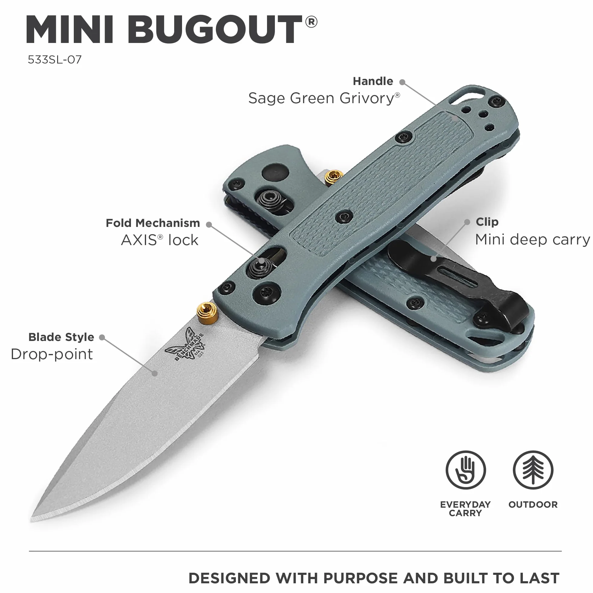 BENCHMADE 533SL-07 Navaja Mini BUGOUT Mango Grivory Acero CPM-S30V typ zasilania, wielokolorowy