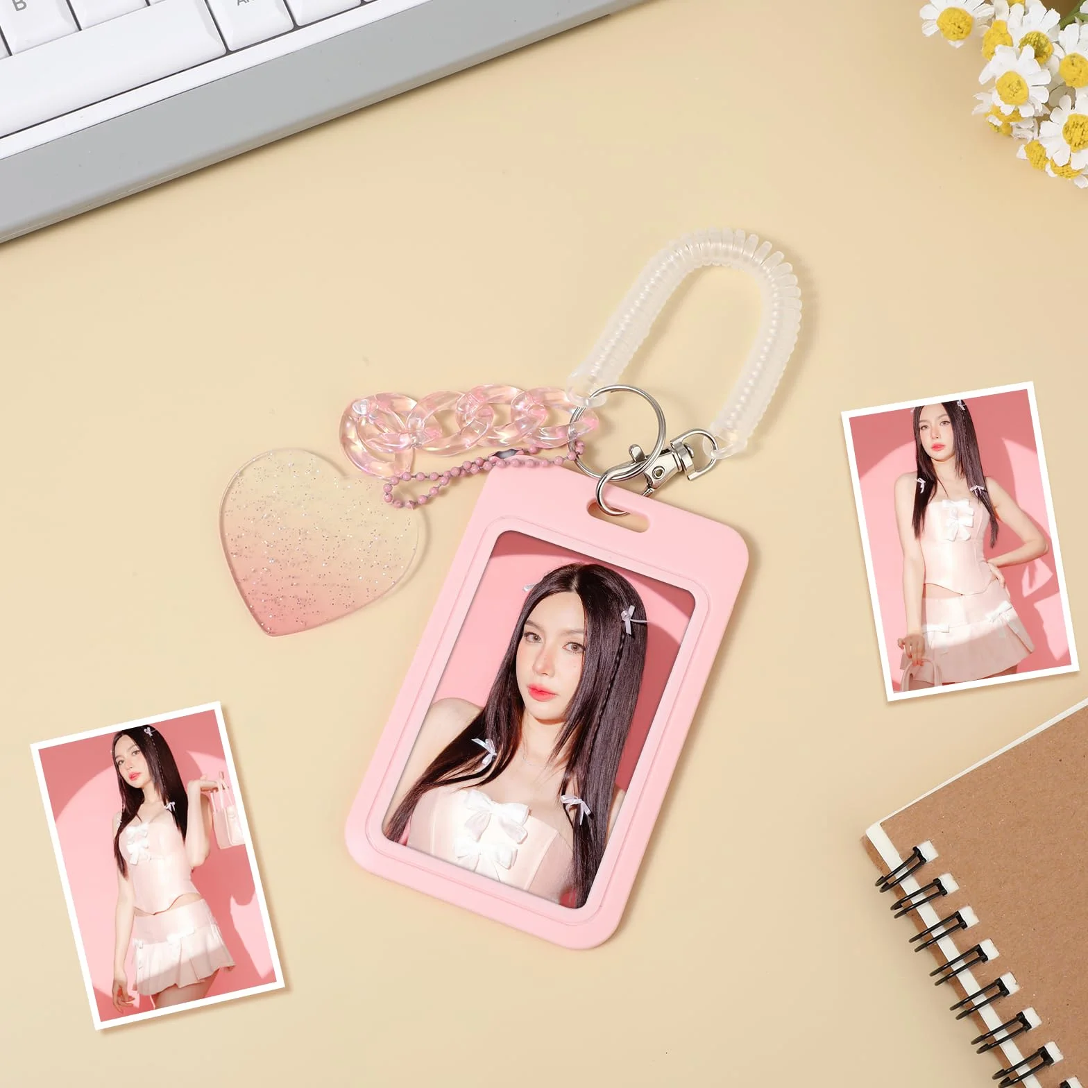 Amaxiu Akrylowe etui na karty fotograficzne, ramka do ekspozycji kart fotograficznych, uchwyt na karty fotograficzne, organizer na karty fotograficzne z kółkiem na klucze (różowy)