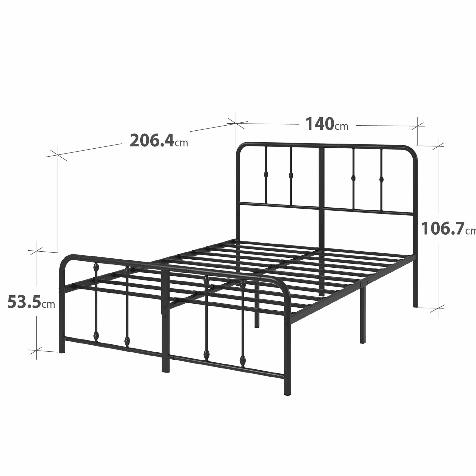 Zinus Florence Łóżko 140 x 200 cm – 35 cm wysokości – metalowa rama łóżka z zagłówkiem i podnóżkiem – łóżko ze stelażem – rama łóżka w stylu vintage – miejsce do przechowywania pod łóżkiem – czarne