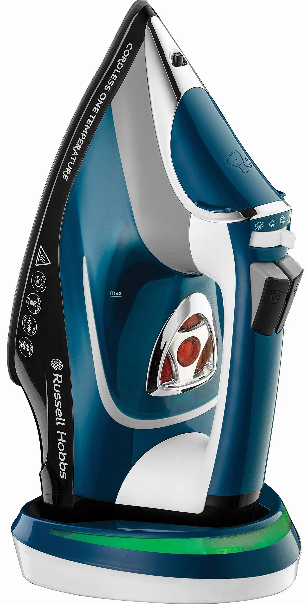 Russell Hobbs Żelazko parowe [2600W, uderzenie pary 210g] Cordless One Temperature (bezprzewodowe ze stacją bazową i technologia jednej temperatury do wszystkich tkanin, czas pracy ok. 25s) 26020-56