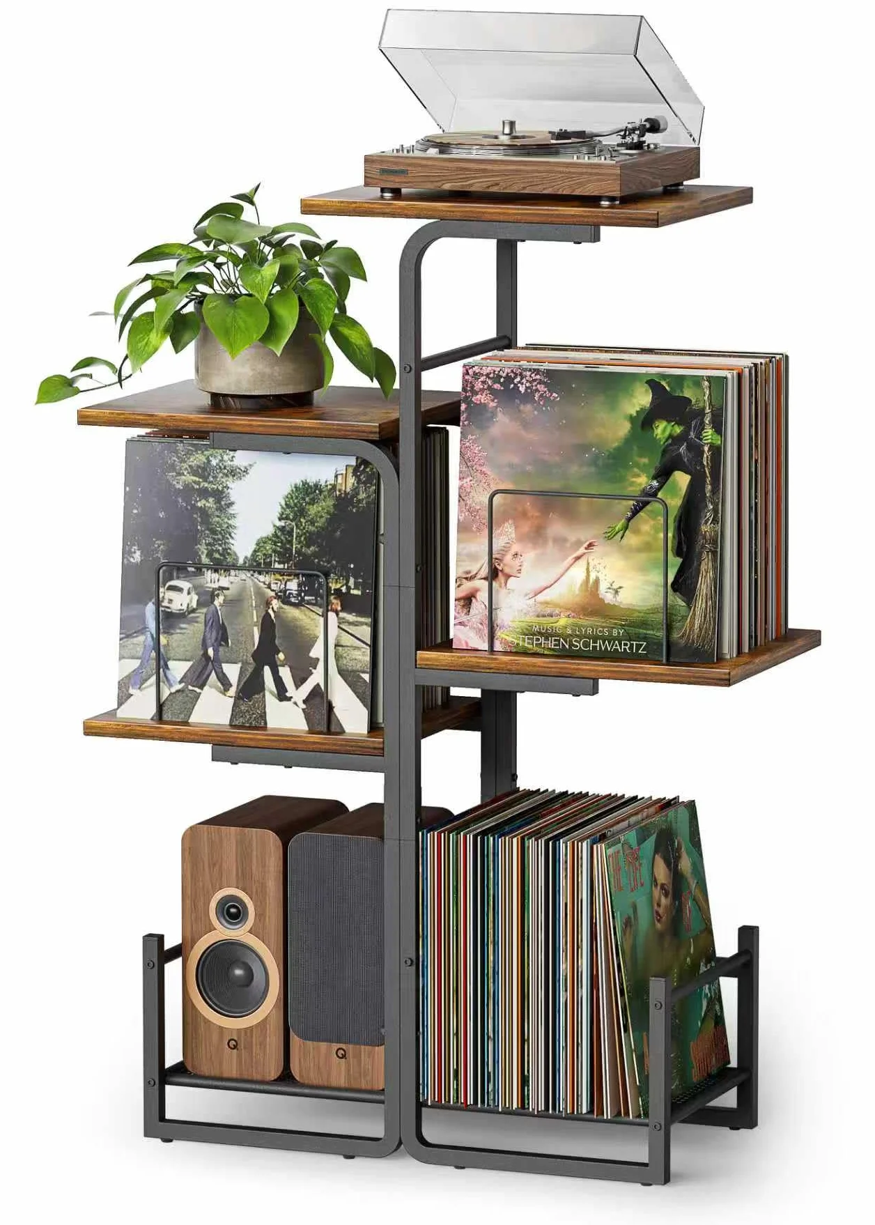 Bikoney Szafka na Gramofon w Stylu Vintage z Dużą Przestrzenią na Płyty Winylowe, Regał na LP z Półkami, Stolik pod Gramofon i Organizer na Płyty do Salonu i Sypialni