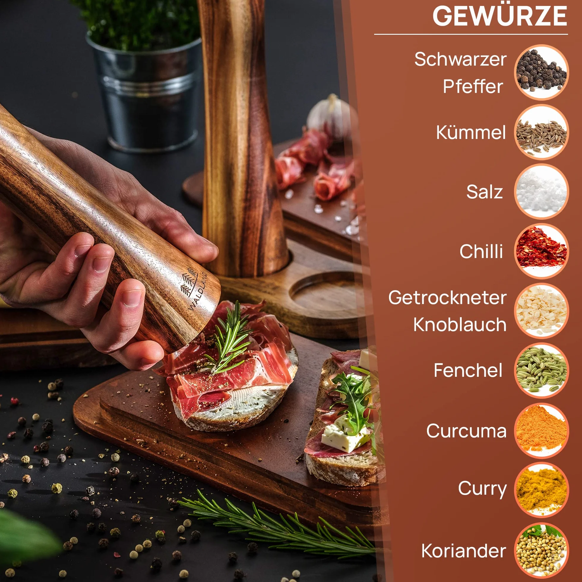 WALDLAND® Młynek do soli i pieprzu z drewna 25,5 cm ceramiczny mechanizm