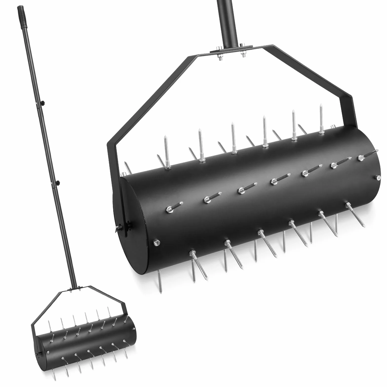 Ręczny napowietrzacz trawnika, aerator do trawnika, rolka z 39 gwoździami (6 cm) i trzonkiem, ręczny wertykulator, wałek do trawników w ogrodzie (44 cm x 141 cm/93,5 cm)