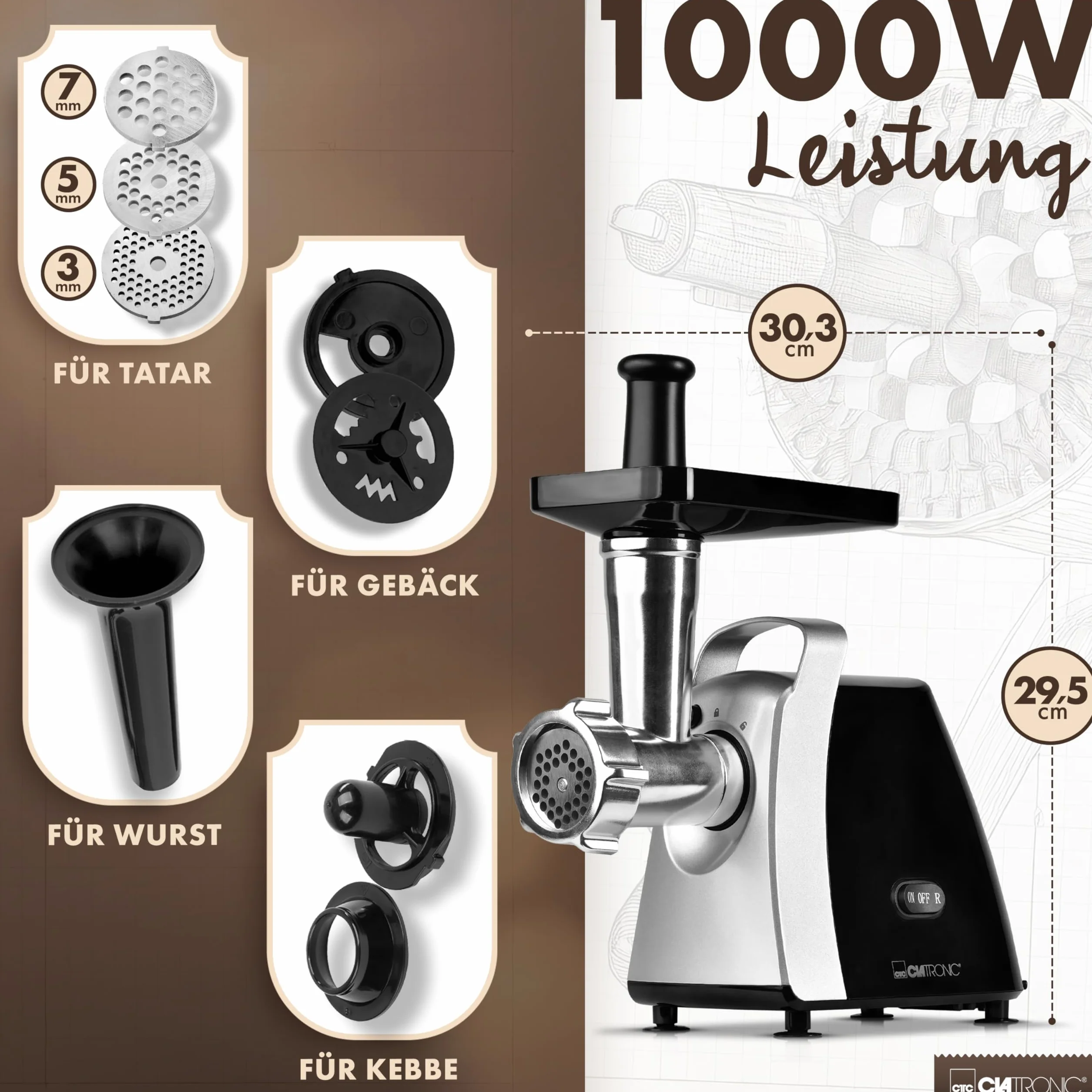 Clatronic FW 3803 elektryczna maszynka do mięsa 1000 W 3 metalowe krążki