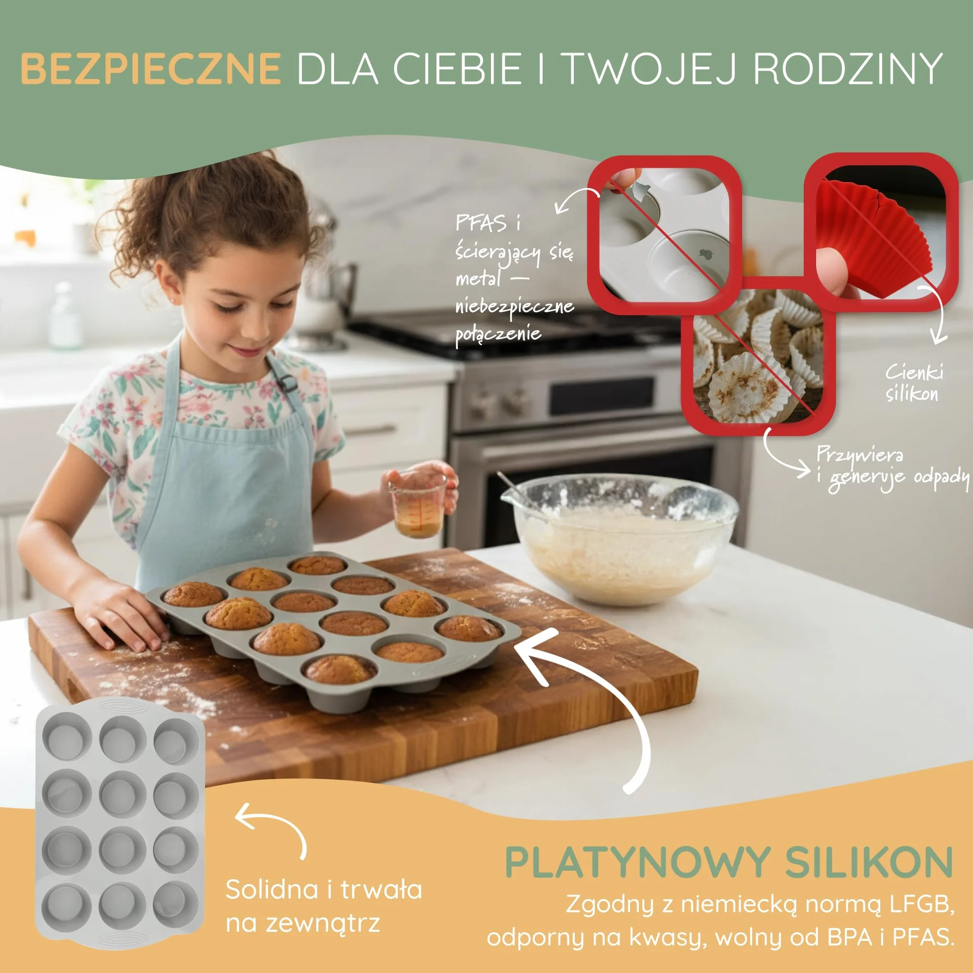 Backefix forma do muffinek 12 szt. z platynowego silikonu, nieprzywierająca, do zmywarki, bez BPA