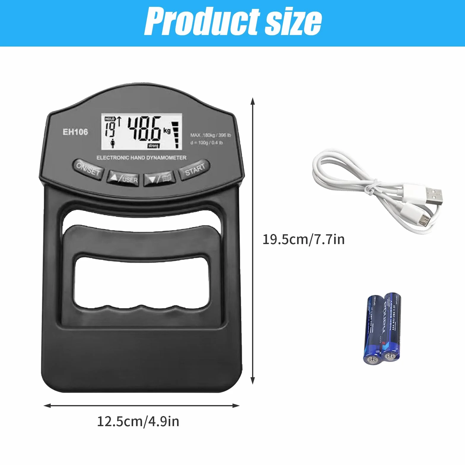Cyfrowy miernik siły ręcznej 180 kg, ręczny dynamometr, miernik siły chwytu, elektroniczny miernik siły chwytu, ekran LED z kablem do ładowania USB, uchwyt elektroniczny (czarny)