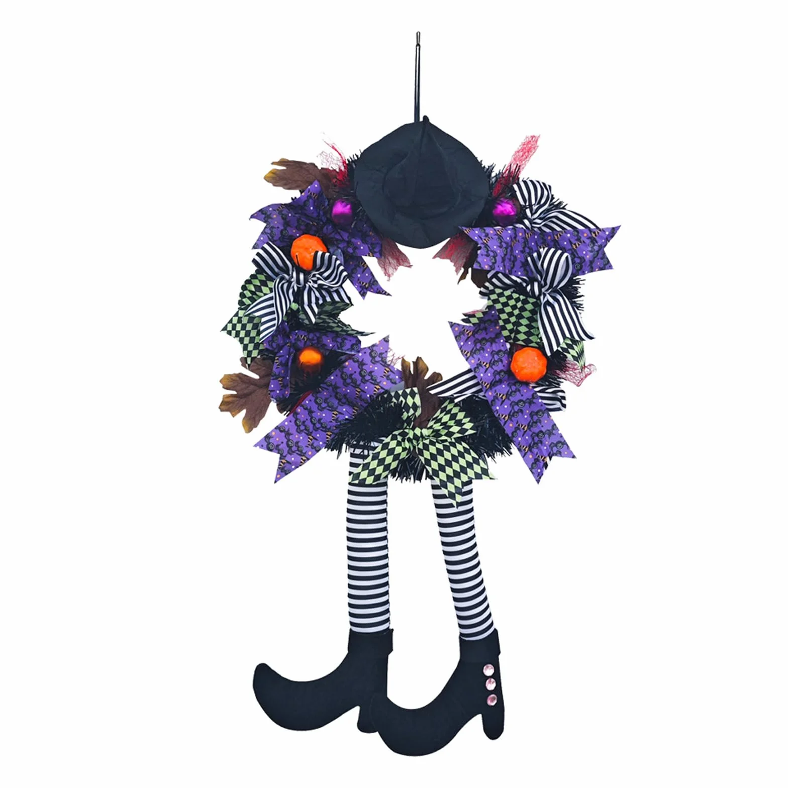 GWAWG Wieniec halloweenowy na drzwi wejściowe, dekoracje na drzwi halloweenowe, kapelusz czarownicy i nogi wiszące nogi dynia liść klonu dekoracja unikalna dekoracja, do drzwi domu na zewnątrz