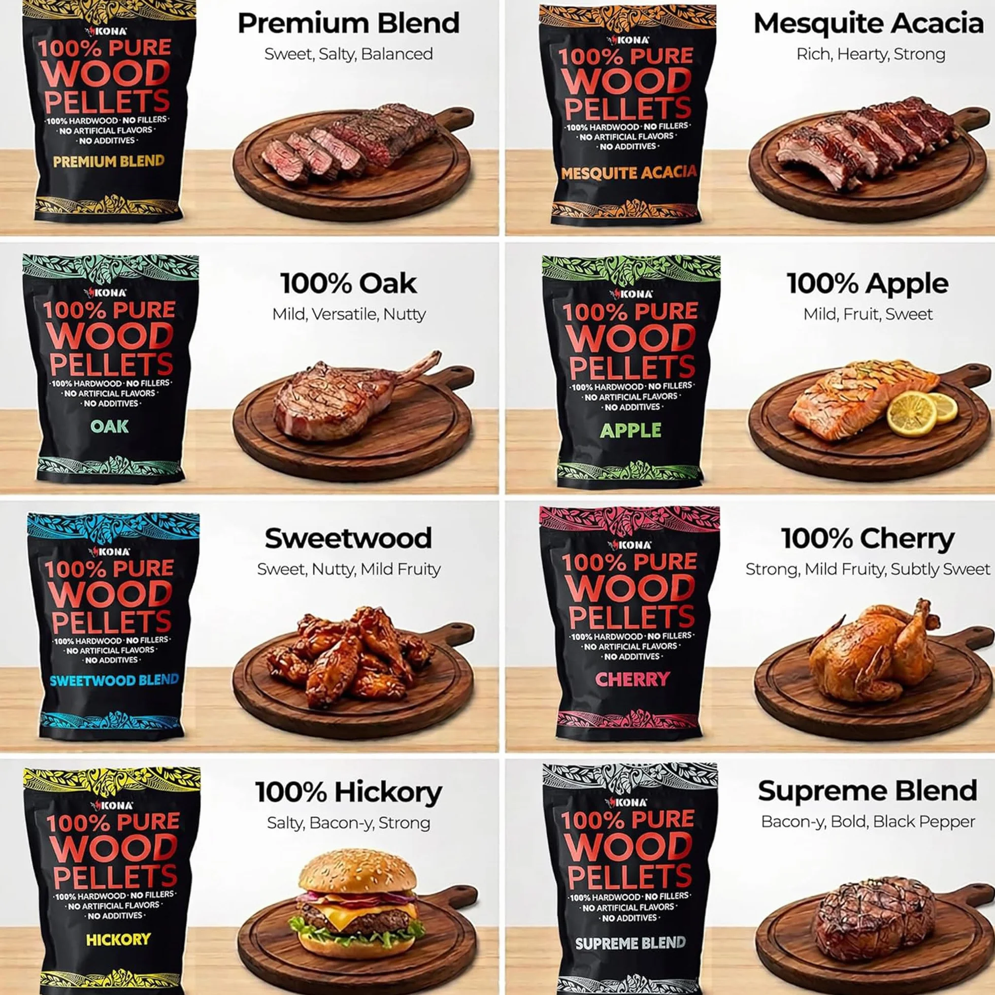 Kona Zestaw pelletów drzewnych, przeznaczony do grilla outdoorowego Ninja Woodfire, pieca opalanego drewnem i wędzarni, 8, 0,5 kg woreczki zamykane