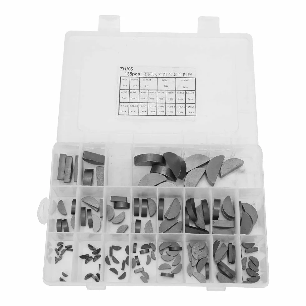 Woodruff Key Assortment Kit 135 sztuk metalowych kluczy do drewna półksiężycowego koło zamachowe koło zamachowe koło pasowe droga korbowa, zestaw sprzętowy do uniwersalnego zastosowania, dobra trwałość