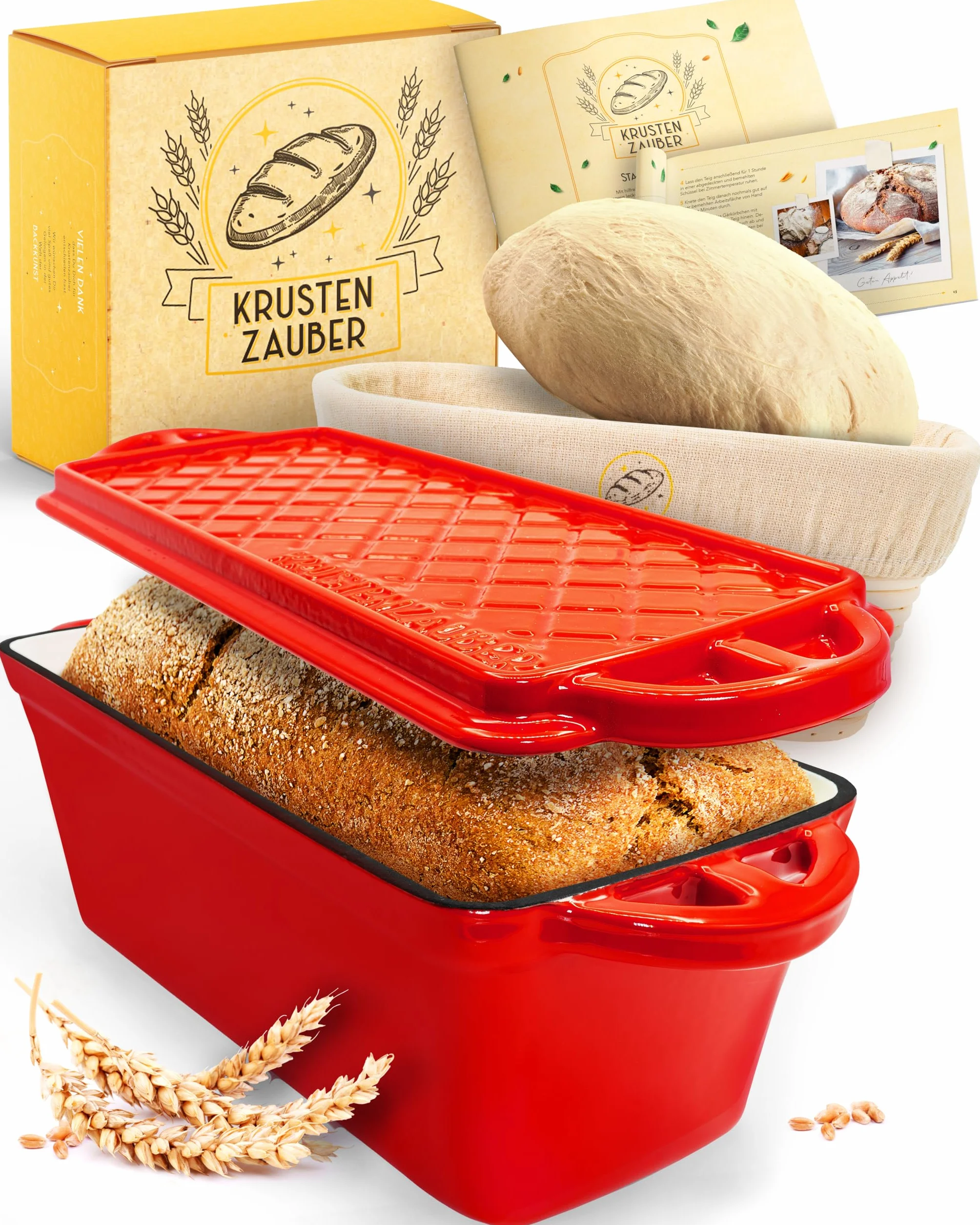 KRUSTENZAUBER Emaliowana forma do pieczenia chleba z pokrywką wraz z koszem zabezpieczającym – wytrzymała blacha żeliwna 28 cm