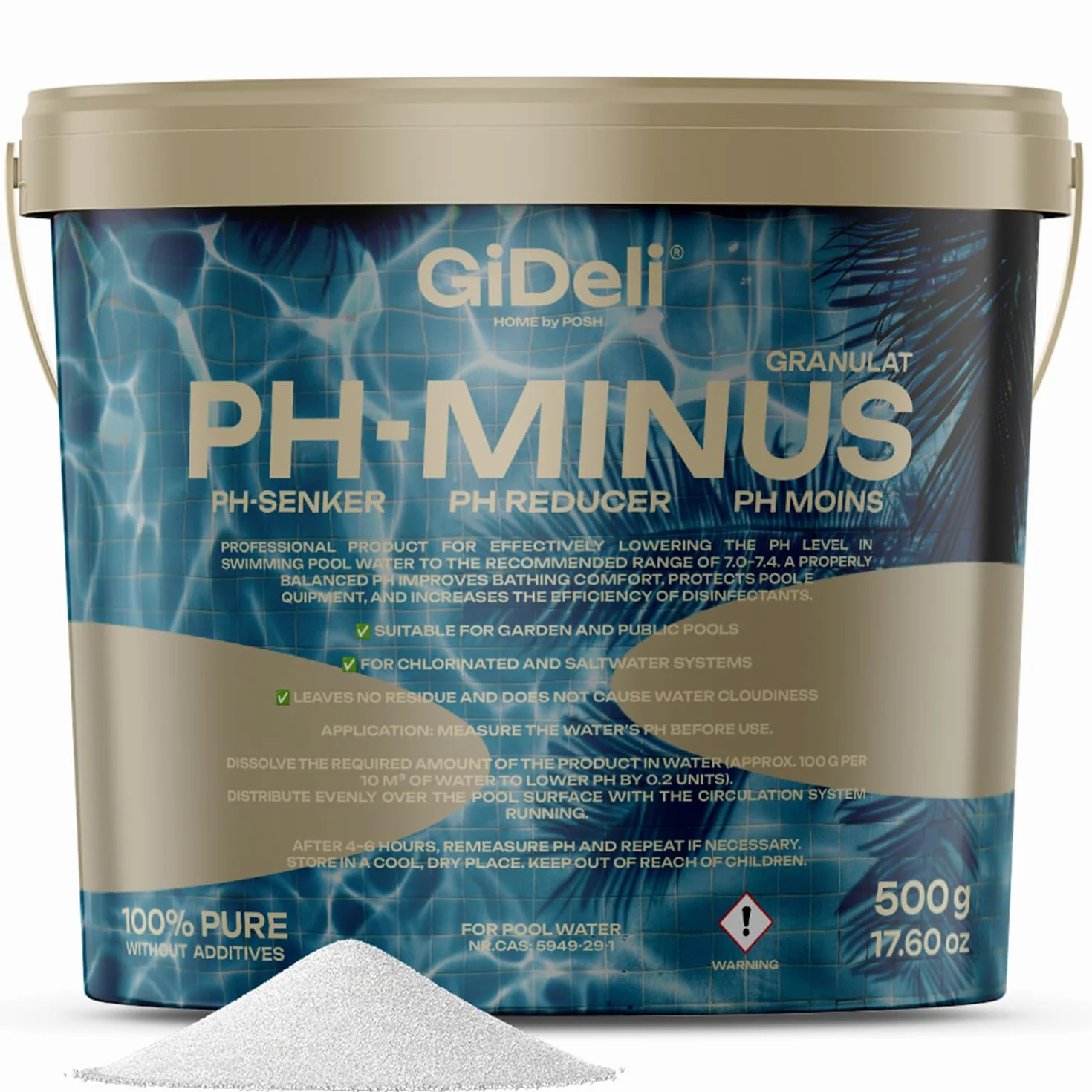Granulat pH minus 500 g w wiaderku obniża wartość pH w basenie, płyn do pielęgnacji wody z hydromasażem zapewnia krystalicznie czystą wodę, idealny do wszystkich rodzajów basenów, łatwe dozowanie 0,5