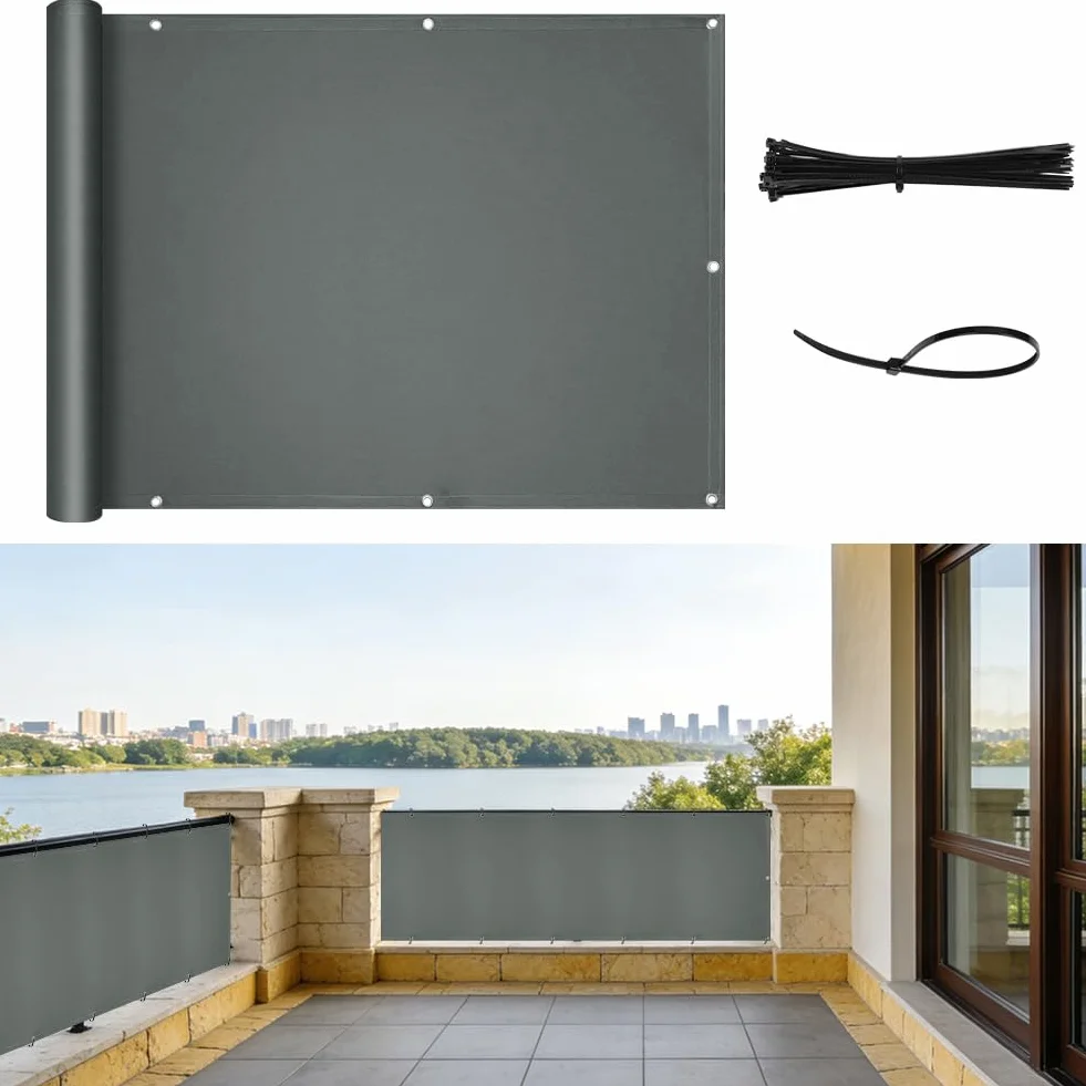 Osłona balkonowa z oczkami i opaskami kablowymi, 90 x 600 cm, nieprzejrzysta ochrona prywatności, ochrona przed promieniowaniem UV, odporna na warunki atmosferyczne, ciemnoszara