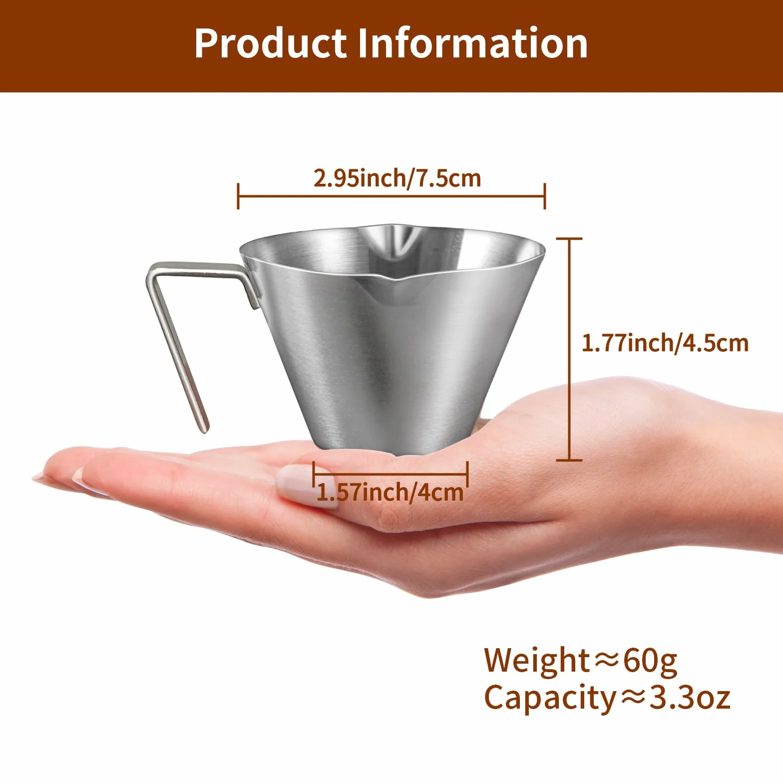 filiżanek do espresso ze stali nierdzewnej, akcesoria do kawa, podwójna wylewka, metalowy kubek pomiarowy z podwójną skalą, kubek, ważenie ziaren kawy (srebrne), 100ml