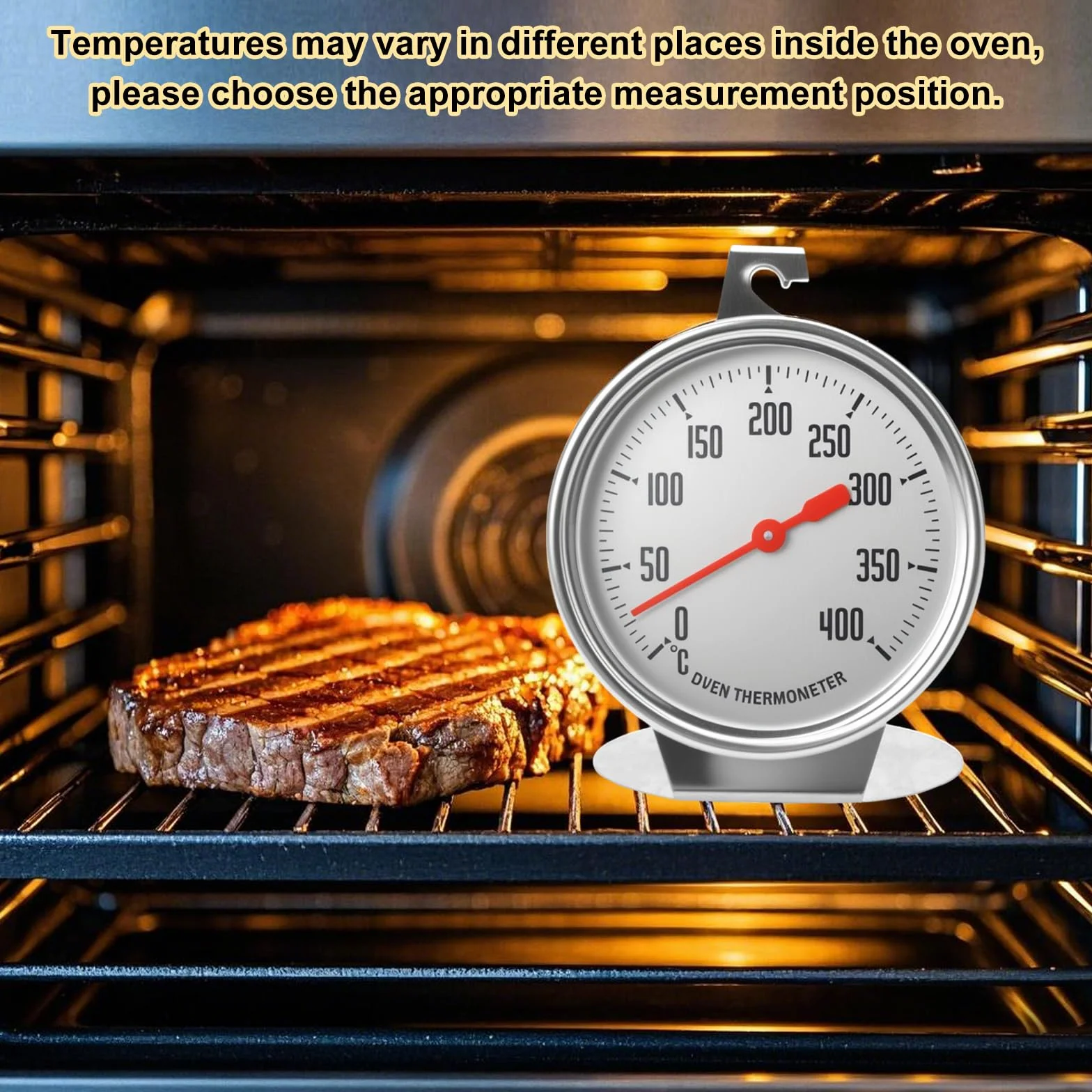 Termometr do Piekarnika (0-400°C), Termometr do Piekarnika ze Stali Nierdzewnej, Do Zawieszenia i Postawienia, Cyferblat o Średnicy 7 cm, Do Piekczenia i Gotowania