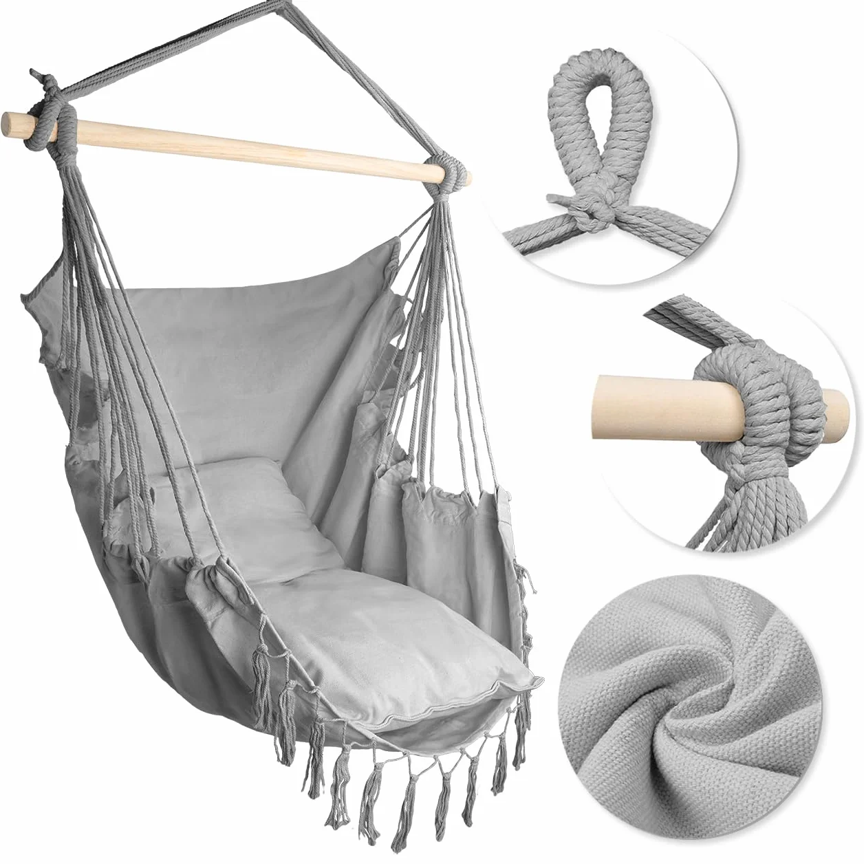MalTec fotel wiszący do ogrodu, fotel Brasilian Cocoon z poduszkami, fotel wiszący do użytku wewnątrz i na zewnątrz, kolor szary, fotel do zawieszenia, obciążenie do 120 kg