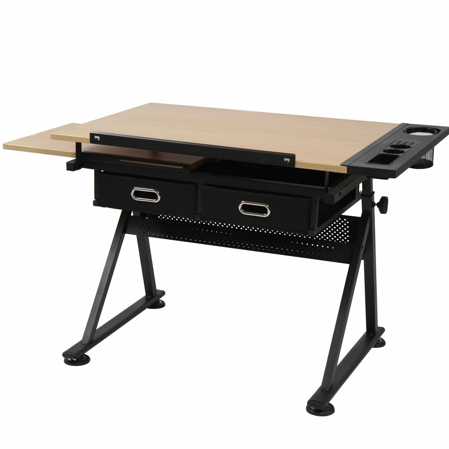MIADOMODO® Stół do rysowania – uchylny, 115x60 cm, regulowana wysokość, MDF, stołek, 2 szuflady – stół kreślarski, artystyczny, techniczny